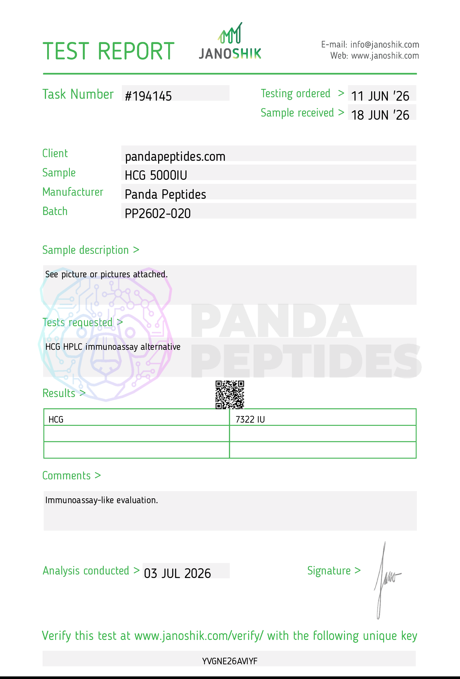 Certificate of Analysis for HCG 5000IU from Panda Peptides