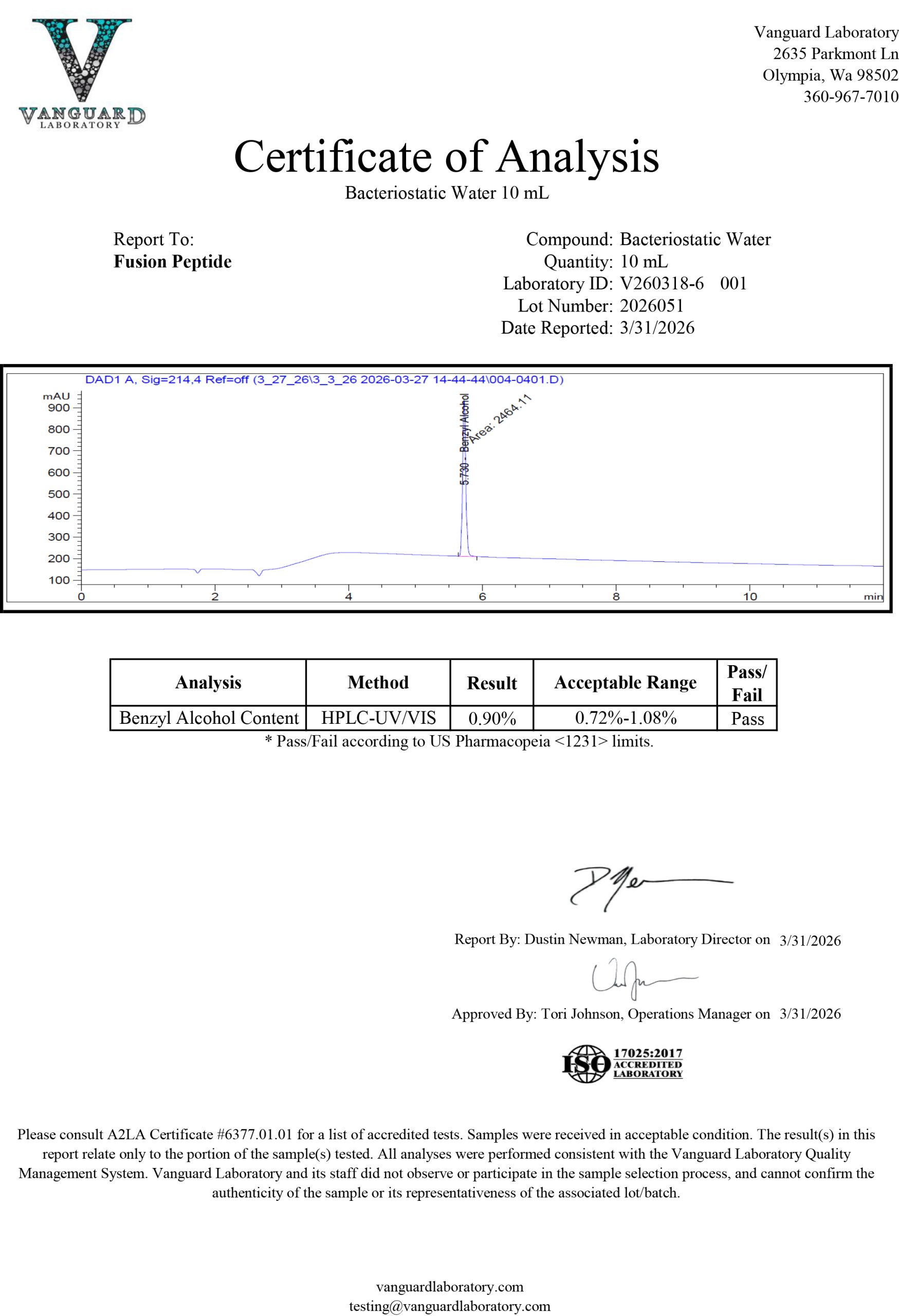 Certificate of Analysis for 0.9% Benzyl Alcohol Diluent from TCore Biotech