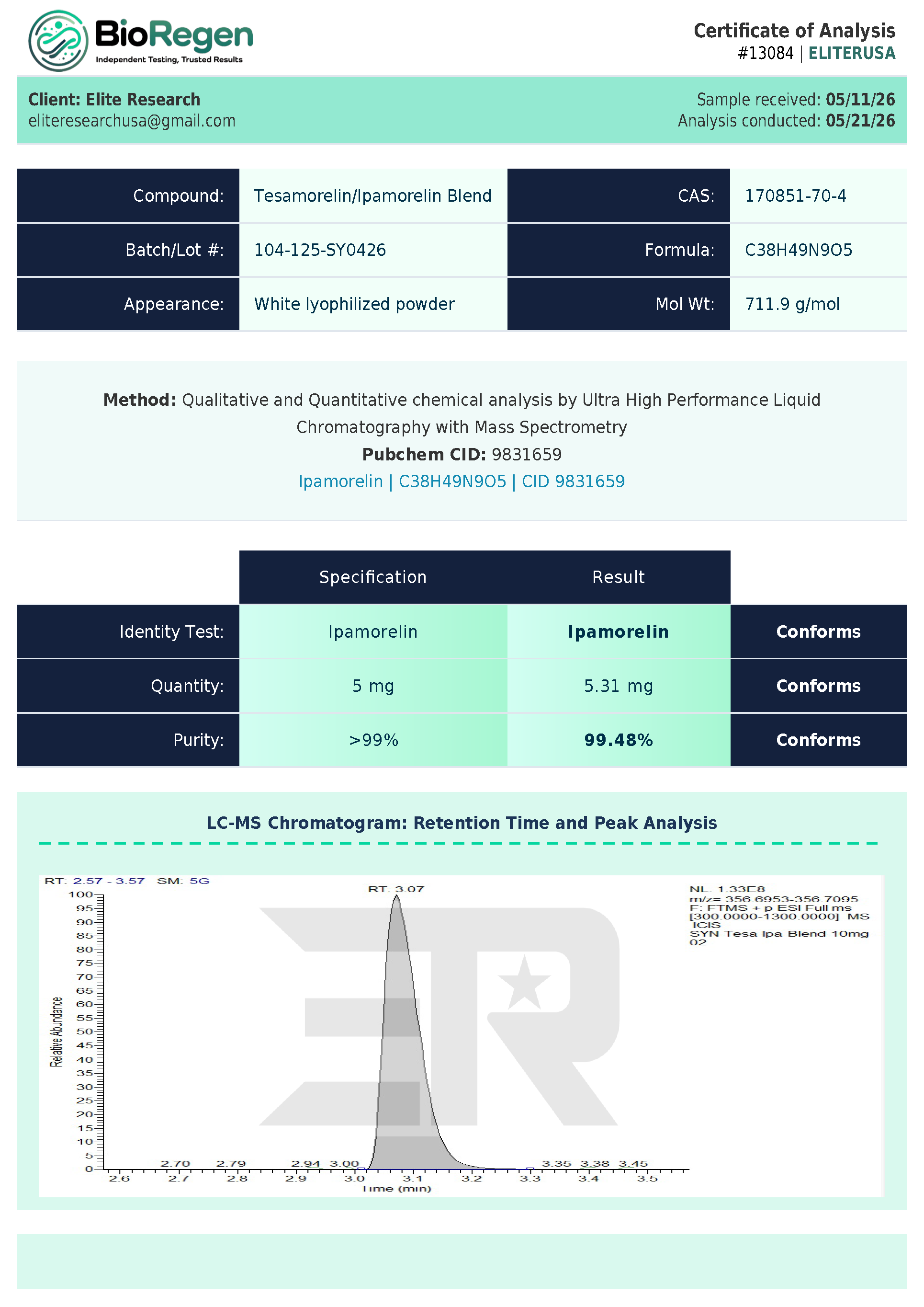 Certificate of Analysis for BioRegen COA from Elite Research USA