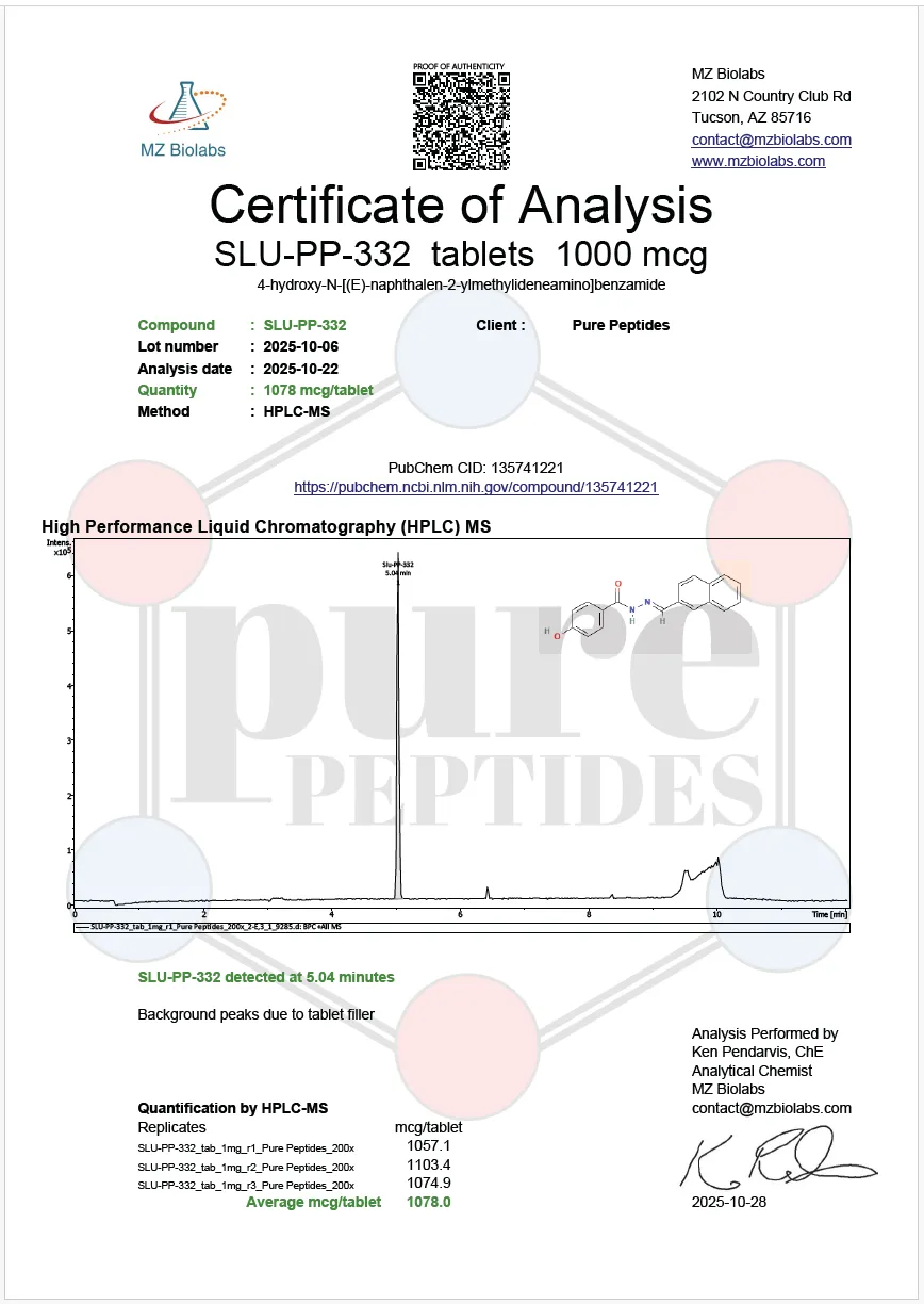 Certificate of Analysis for SLU PP 332 1000MCG TABLETS from Pure Peptides Bio