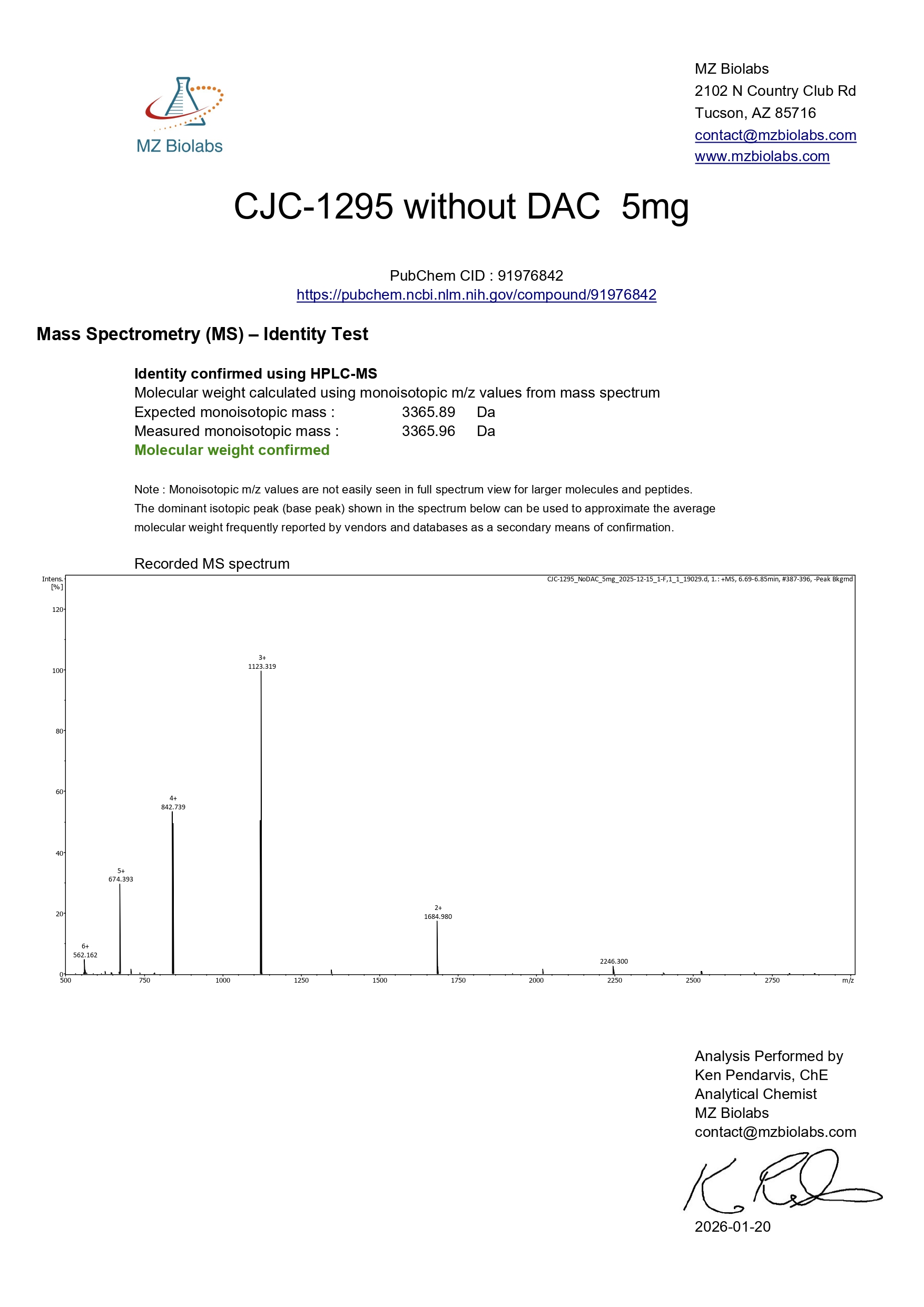 Certificate of Analysis for CJC-1295 5 mg (No DAC) from Evolve Peptides