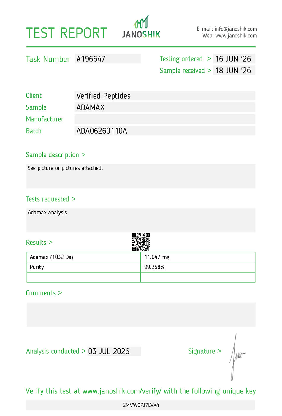 Certificate of Analysis for Adamax (10MG) from Verified Peptides
