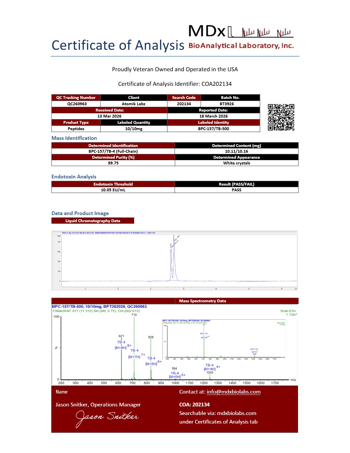 Certificate of Analysis for BPC-157 / TB-500 Blend from Atomik Labz