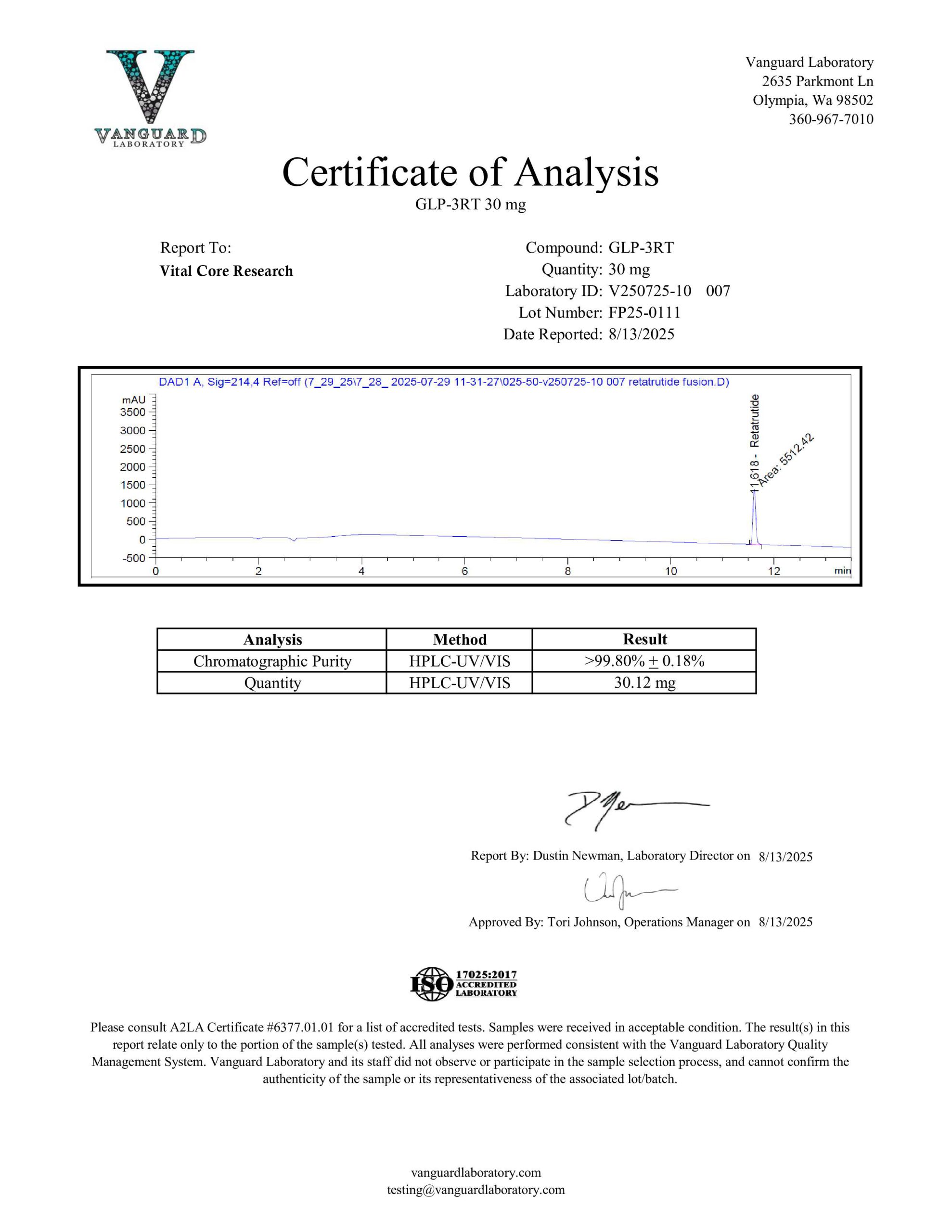Certificate of Analysis for VCR-3 RT from Vital Core Research