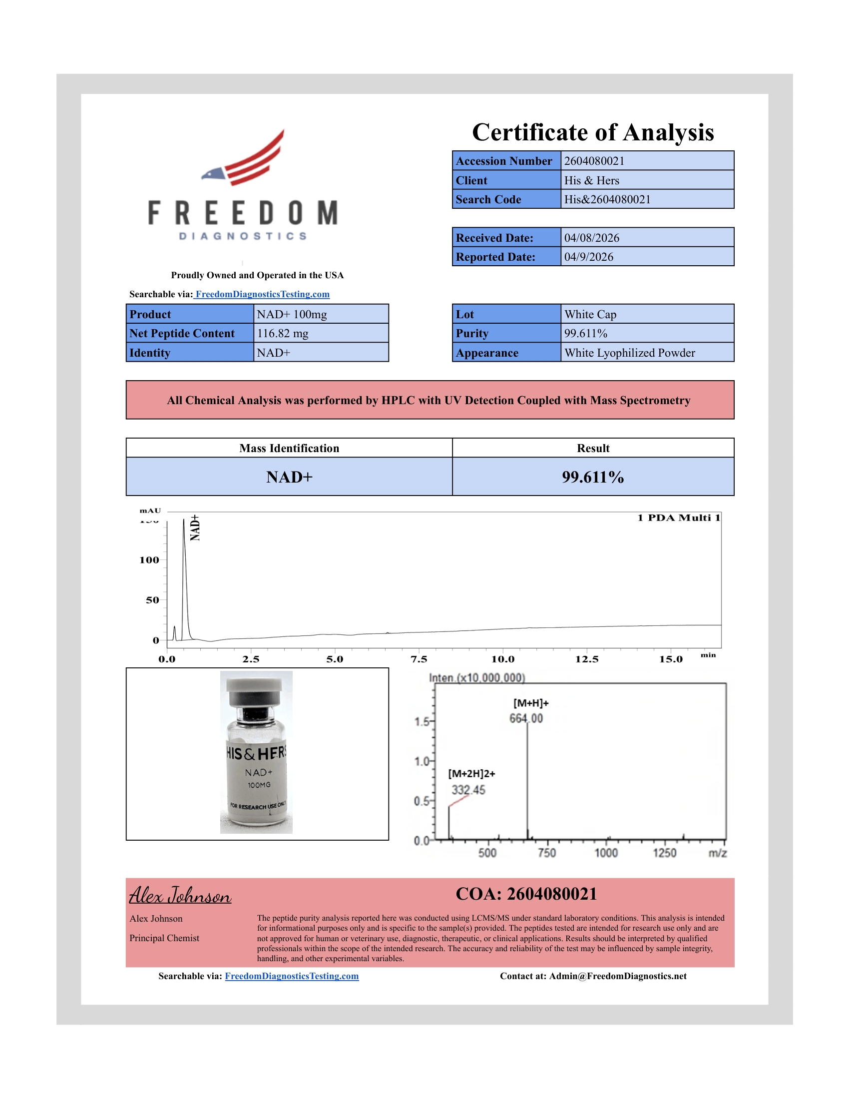 Certificate of Analysis for NAD+ 100mg from VAYN
