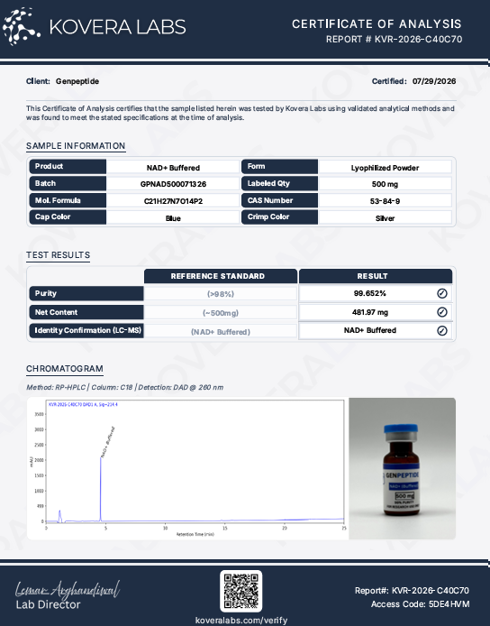 Certificate of Analysis for NAD+ Buffered (500mg) from Genpeptide