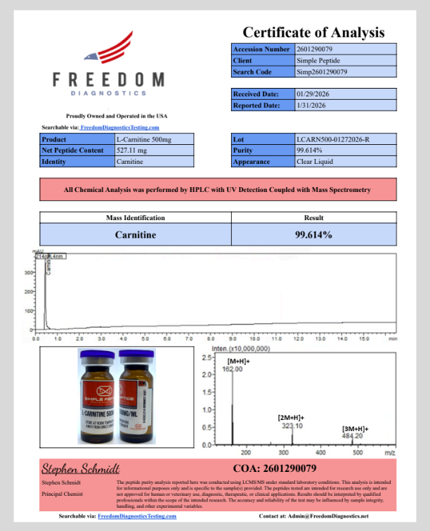 Certificate of Analysis for L-Carnitine 5000MG from Simple Peptide