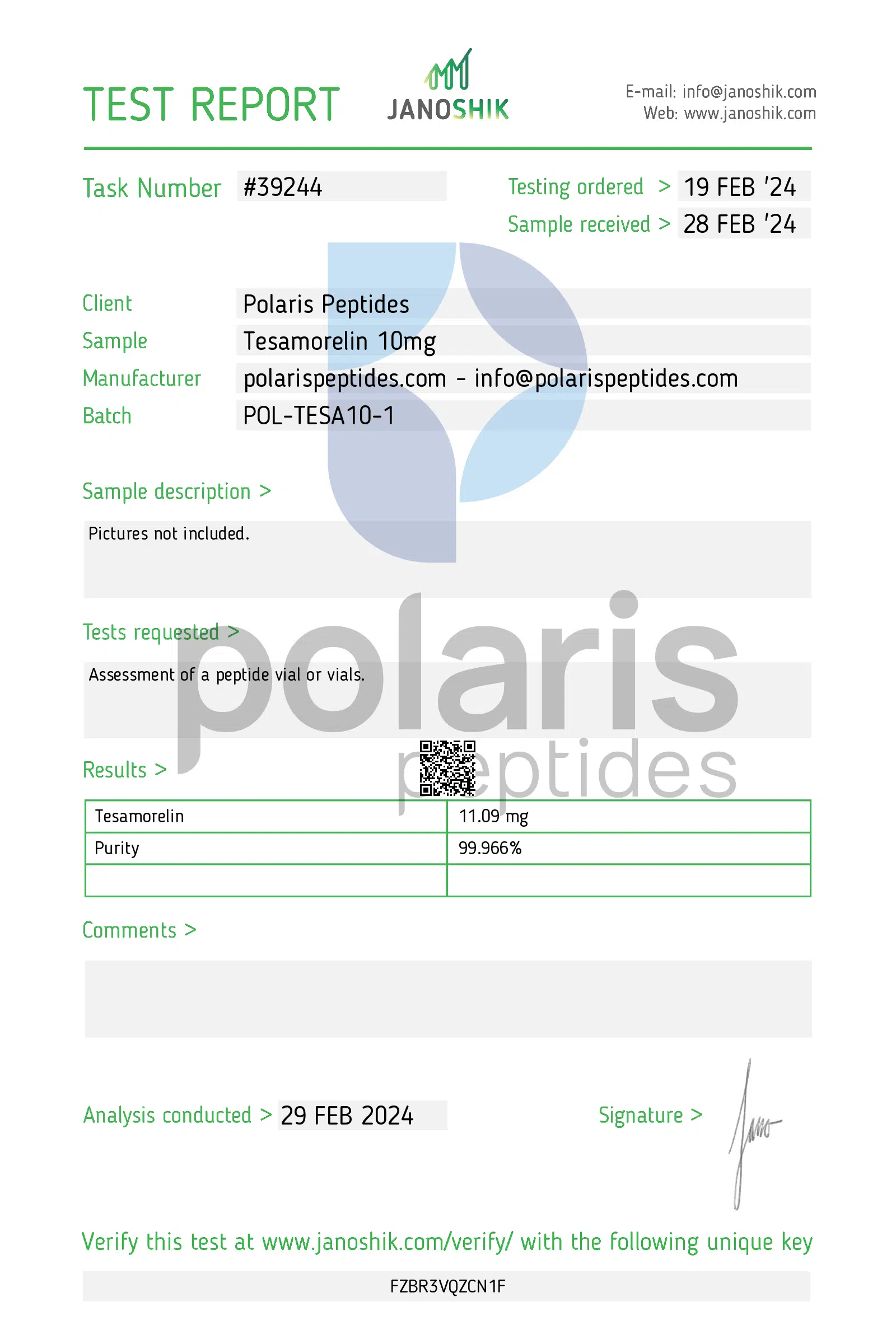 Certificate of Analysis for Tesamorelin 10mg from Polaris Peptides