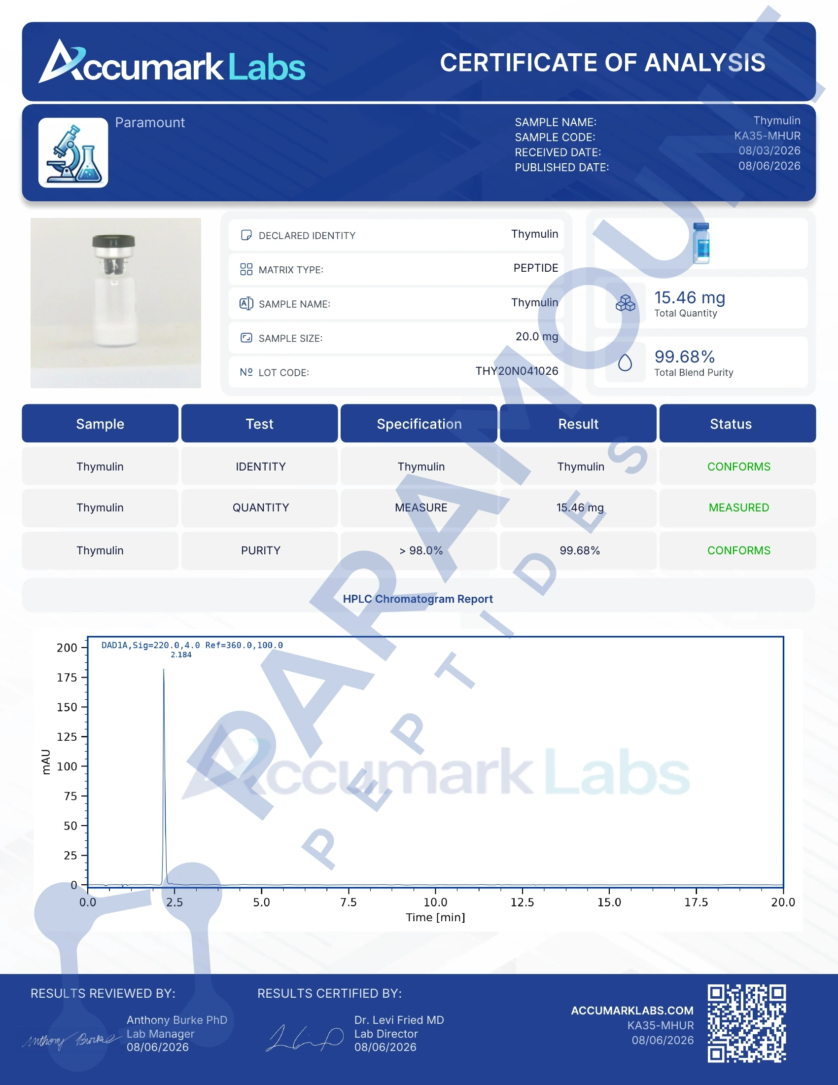 Certificate of Analysis for Thymalin (20mg) from Paramount Peptides