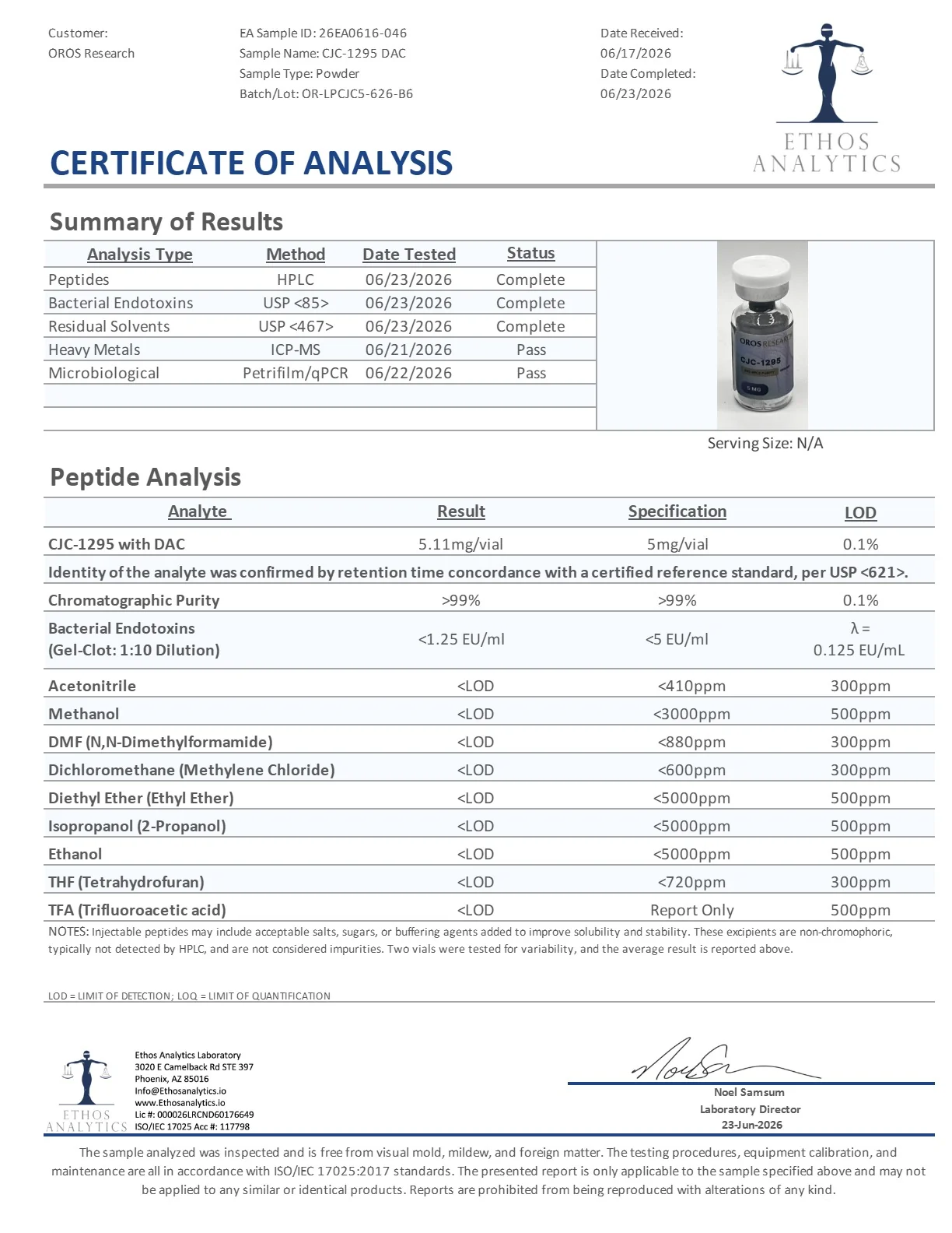 Certificate of Analysis for CJC-1295 (DAC) from Oros Research