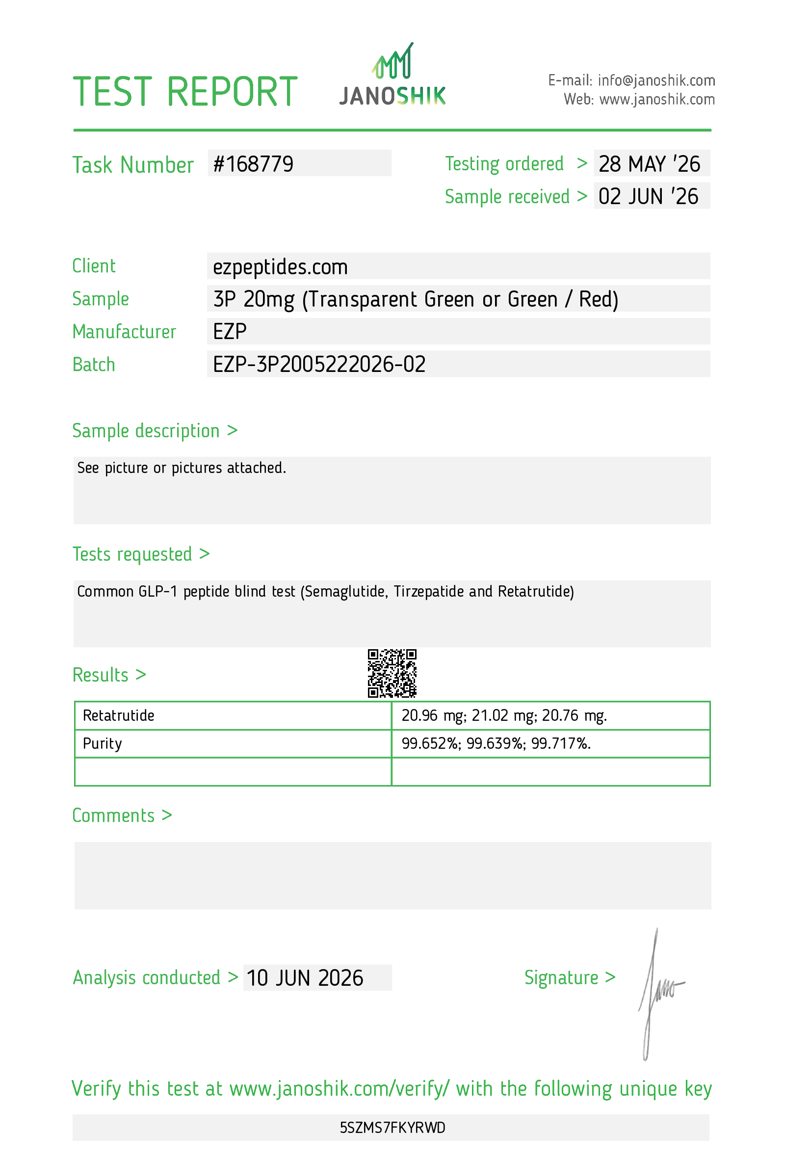 Certificate of Analysis for EZP-3P 20mg from EZ Peptides