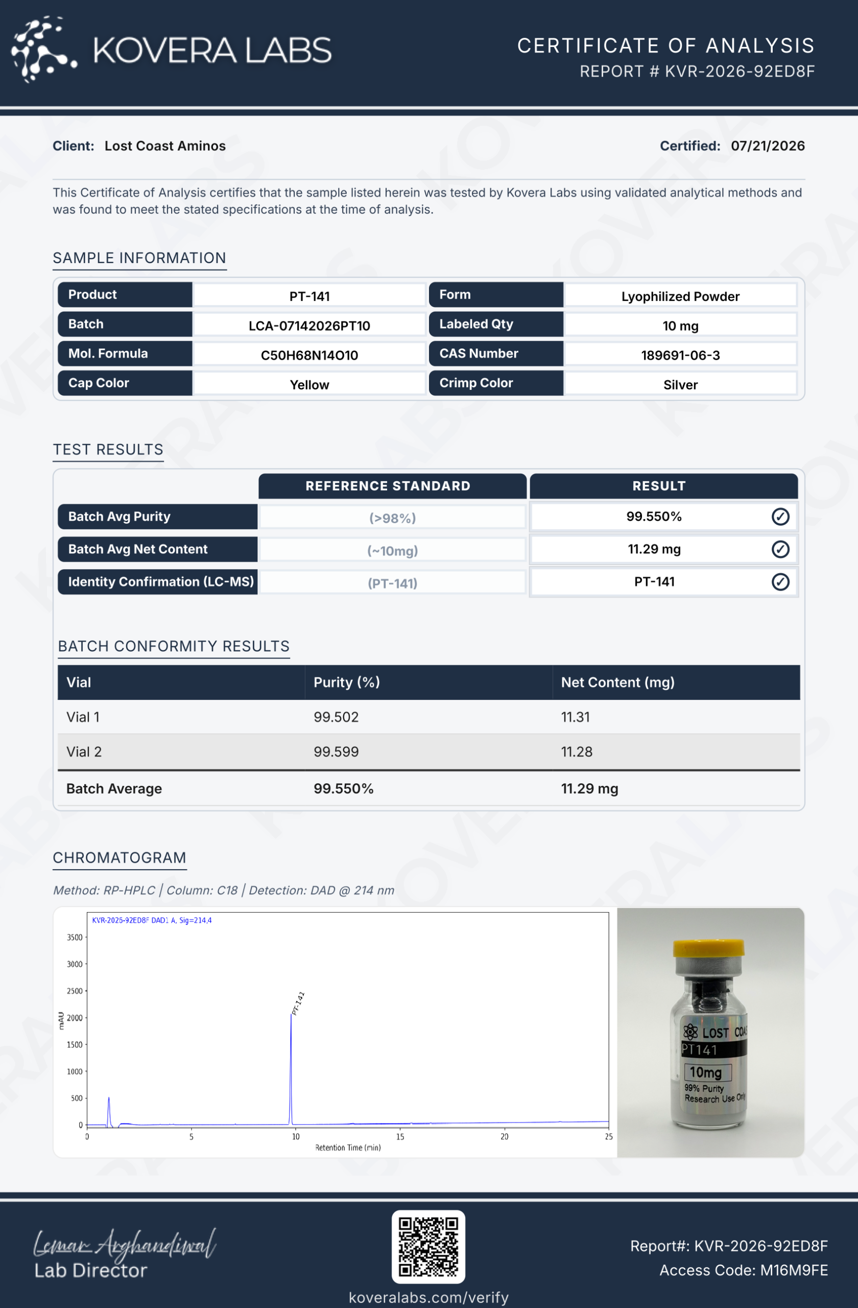 Certificate of Analysis for PT-141 from Lost Coast Aminos