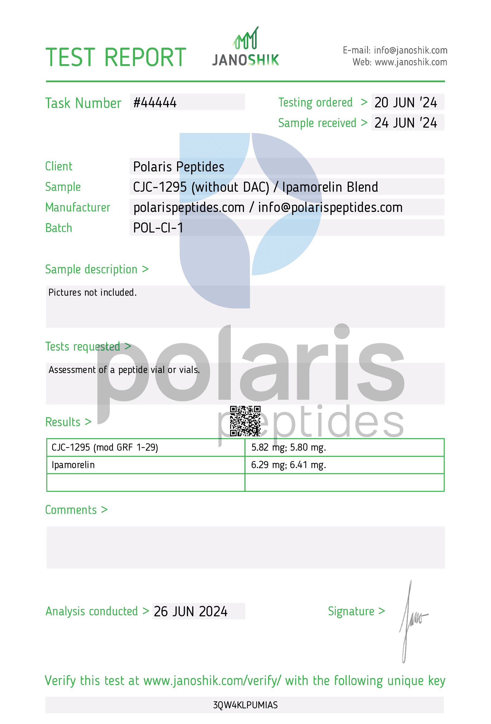 Certificate of Analysis for CJC-1295 (no DAC) 5mg / Ipamorelin 5mg from Polaris Peptides