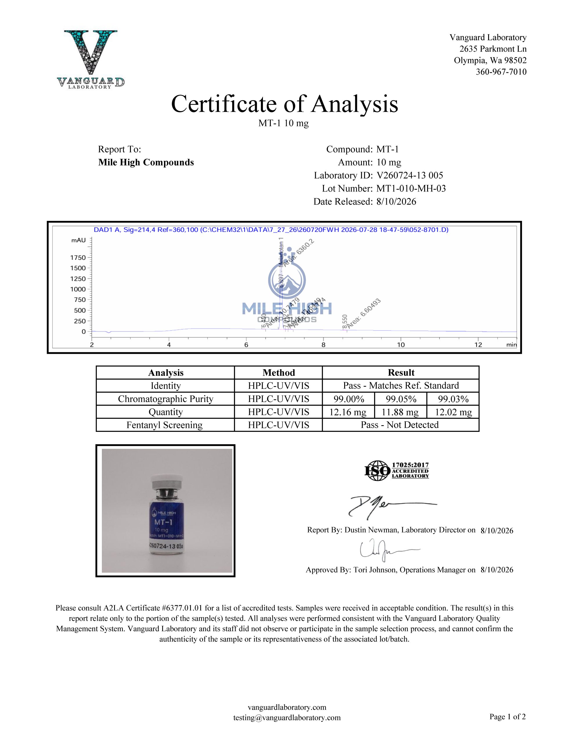 Certificate of Analysis for Mt 1 from Mile High Compounds