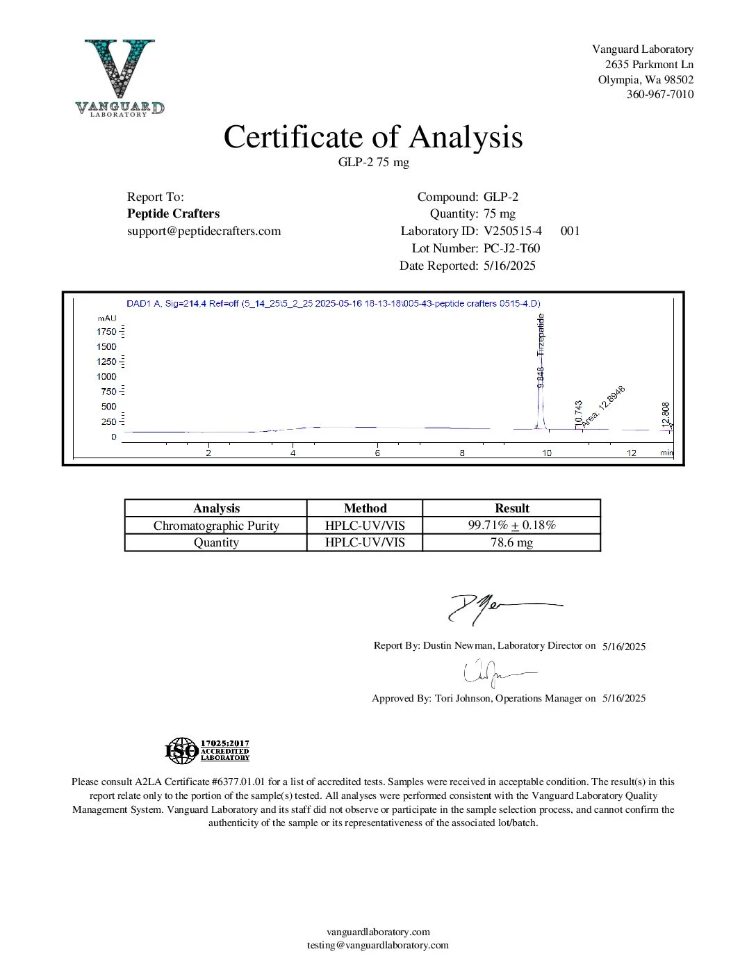 Certificate of Analysis for GLP-2 (T) 70mg - Standard 3mL Capacity Vial from Peptide Crafters