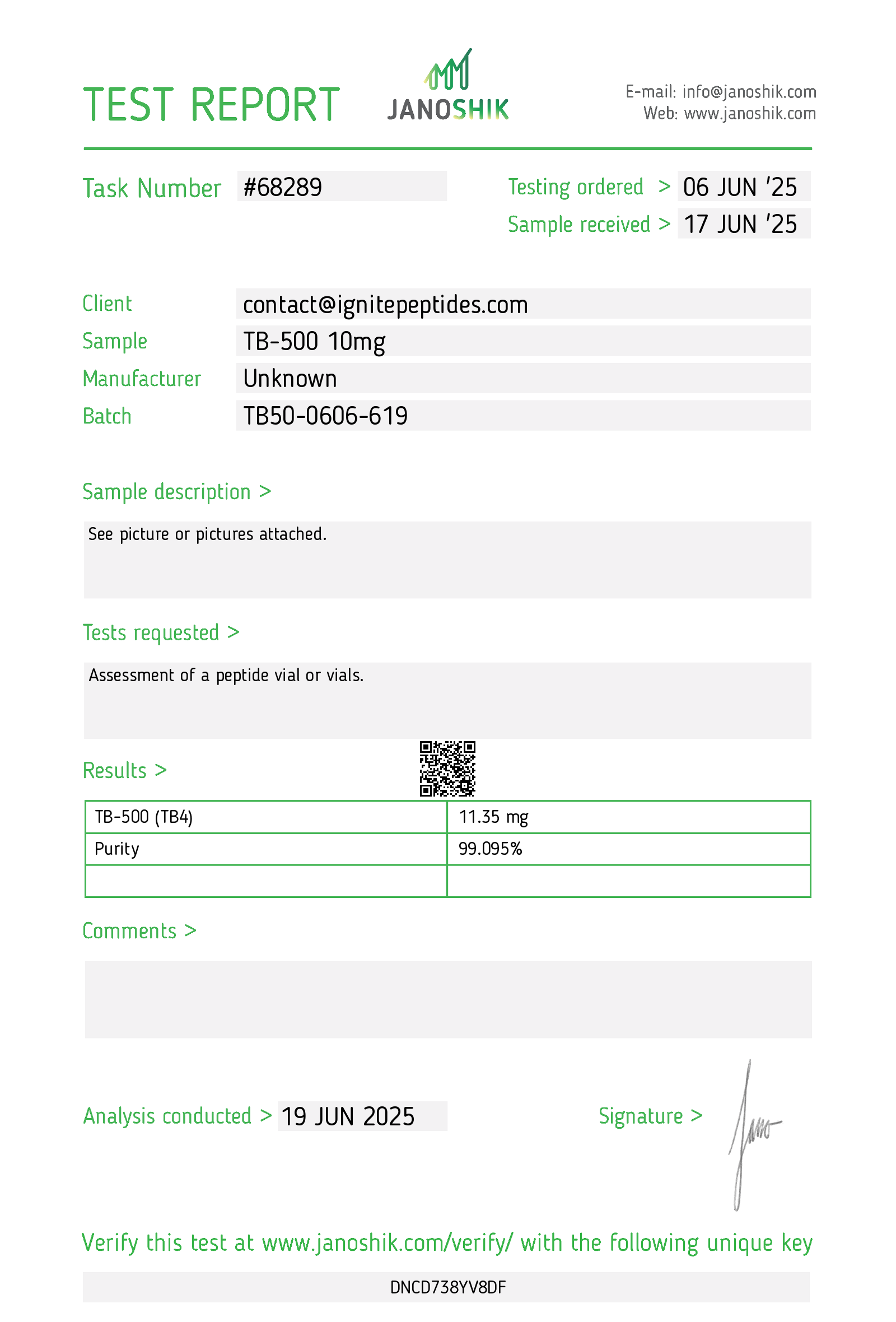 Certificate of Analysis for TB-500 (Thymosin Beta-4) 10mg from Ignite Peptides