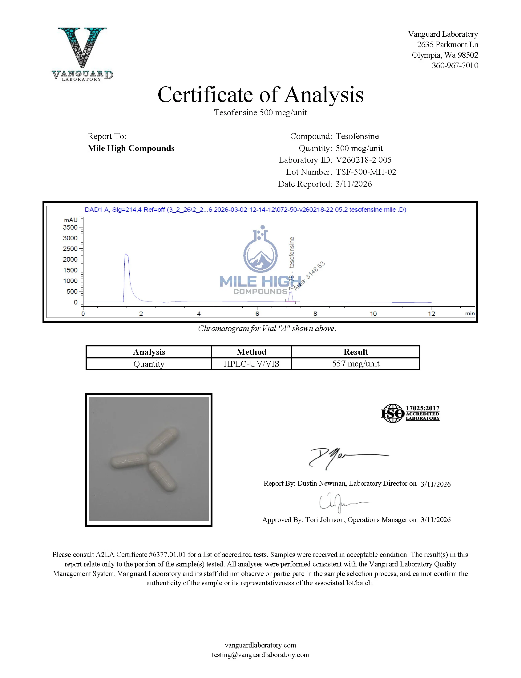 Certificate of Analysis for Tesofensine from Mile High Compounds