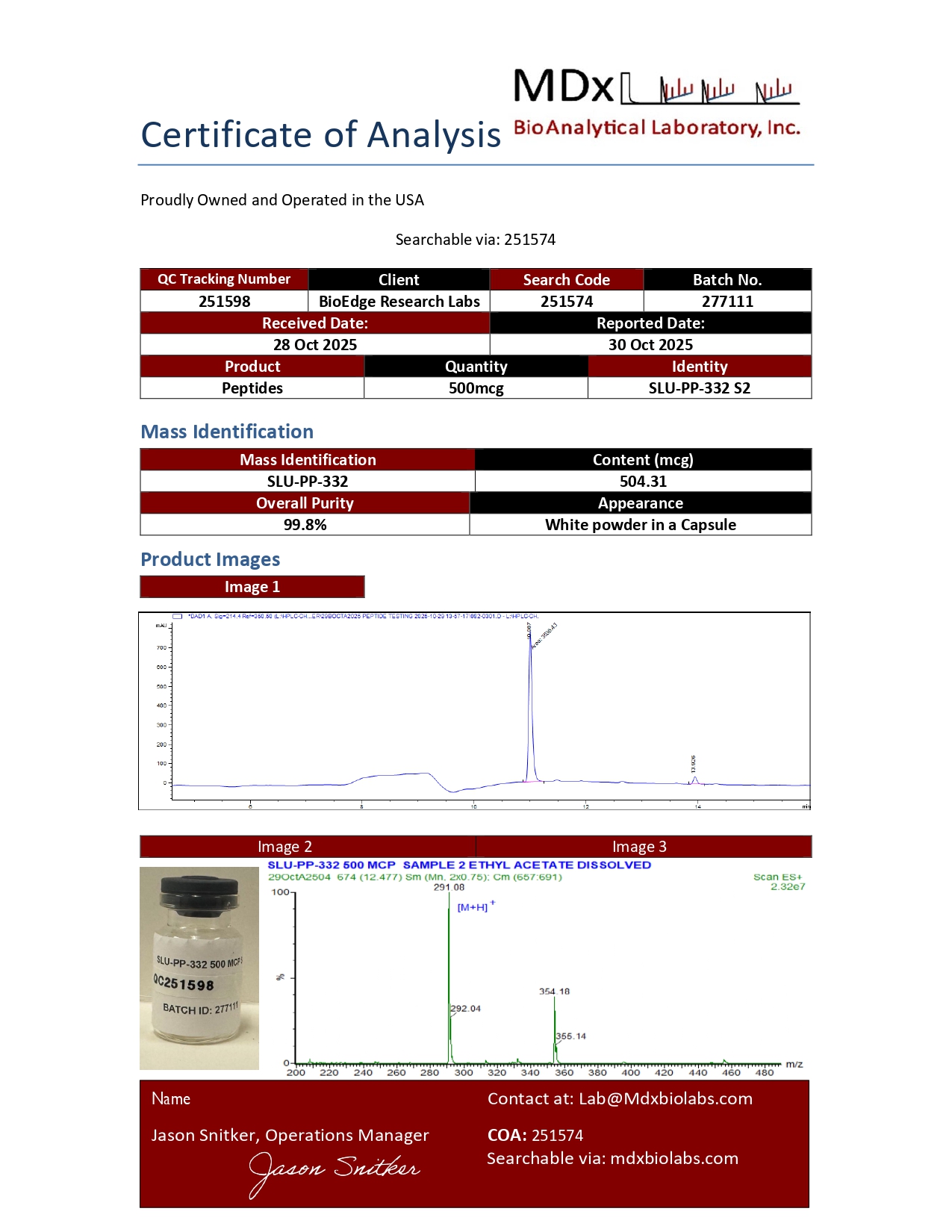 Certificate of Analysis for SLU-PP-332 (500 mcg) from BioEdge Research Labs