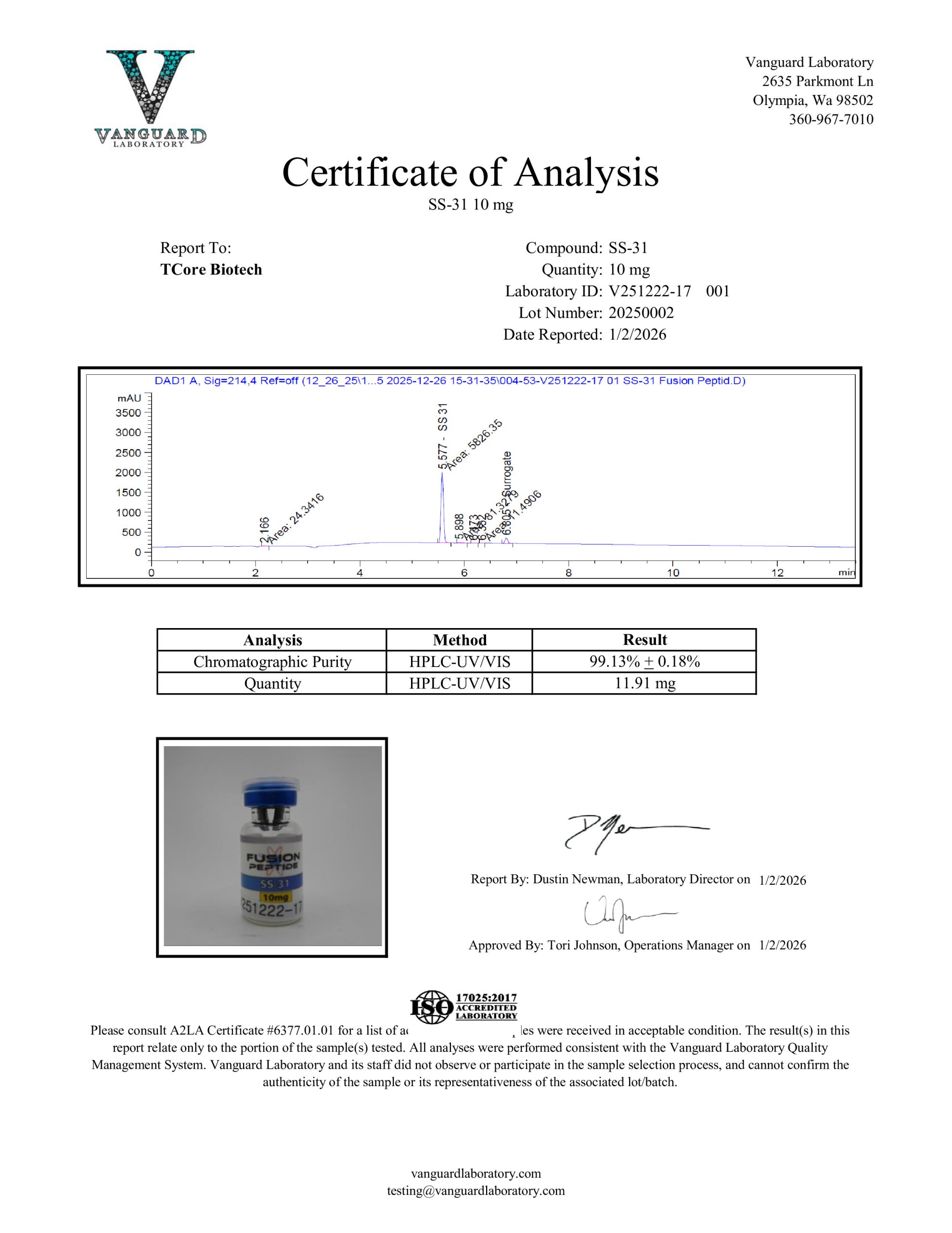 Certificate of Analysis for SS-31 from TCore Biotech