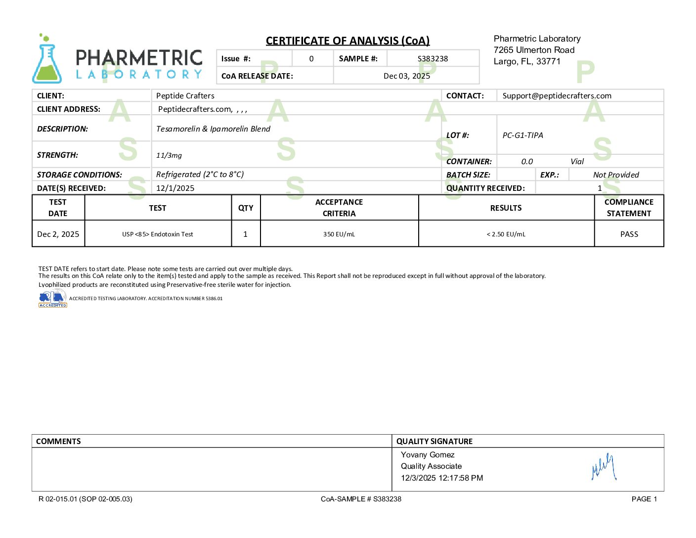 Certificate of Analysis for Tesamorelin (11mg) + Ipamorelin (3mg) Blend from Peptide Crafters