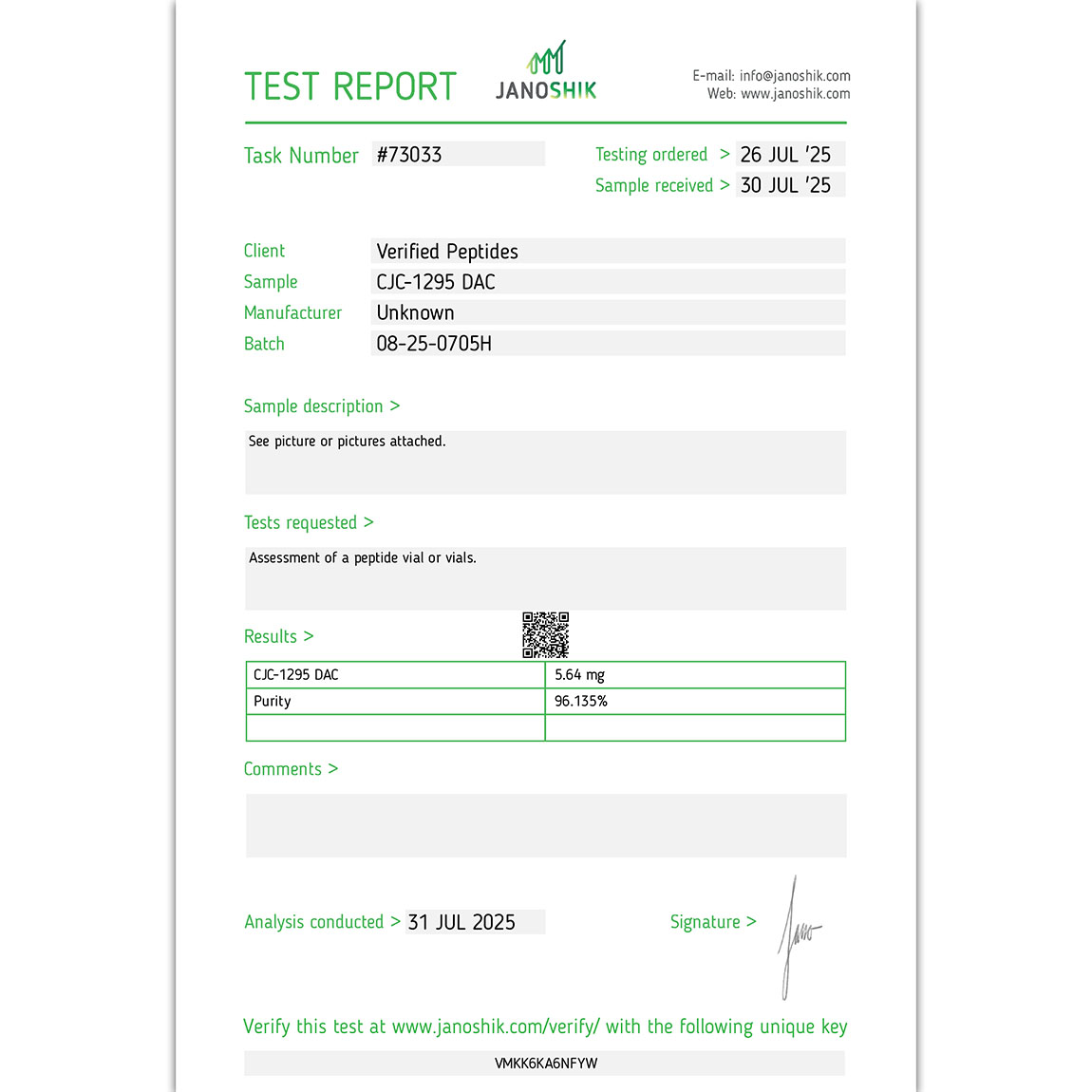 Certificate of Analysis for Pack: CJC-1295 DAC + Ipamorelin from Verified Peptides