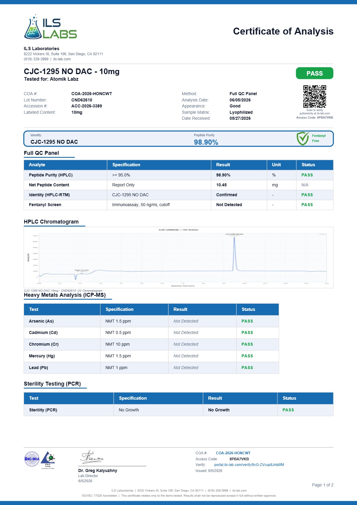 Certificate of Analysis for CJC-1295 No DAC from Atomik Labz