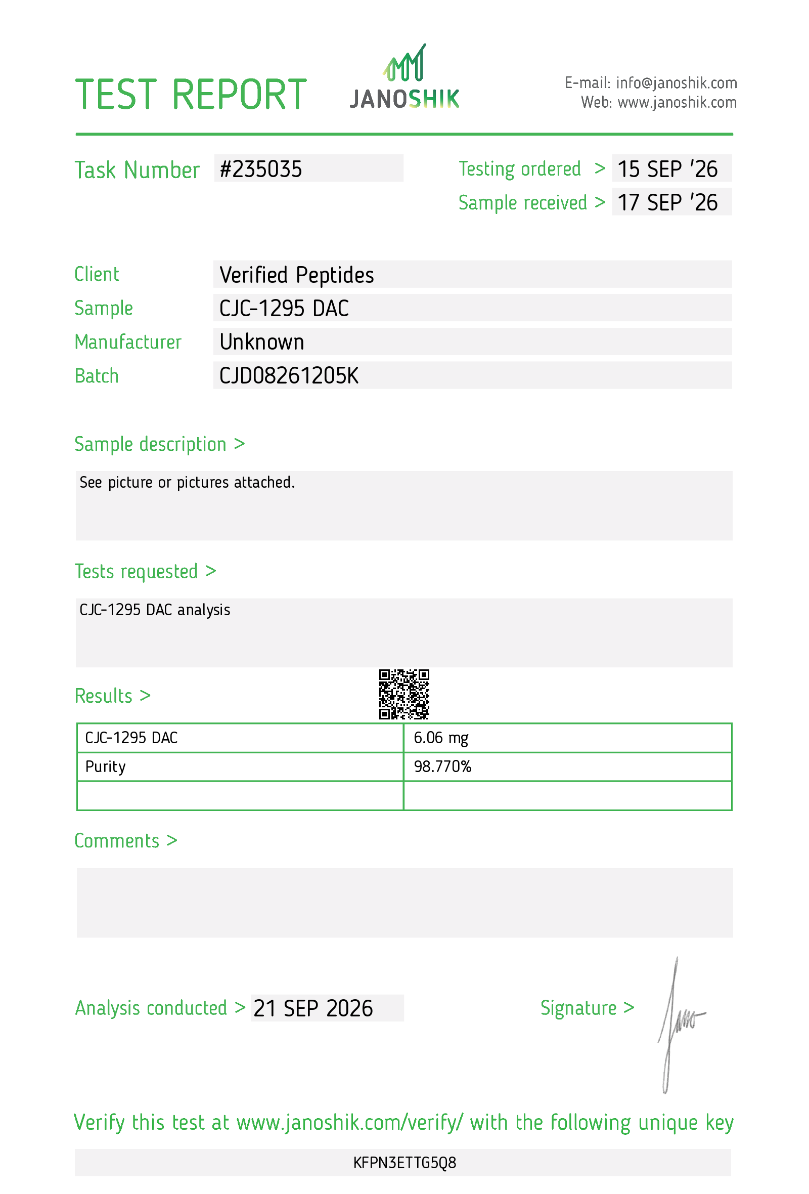 Certificate of Analysis for CJC-1295 DAC Peptide (5MG) from Verified Peptides