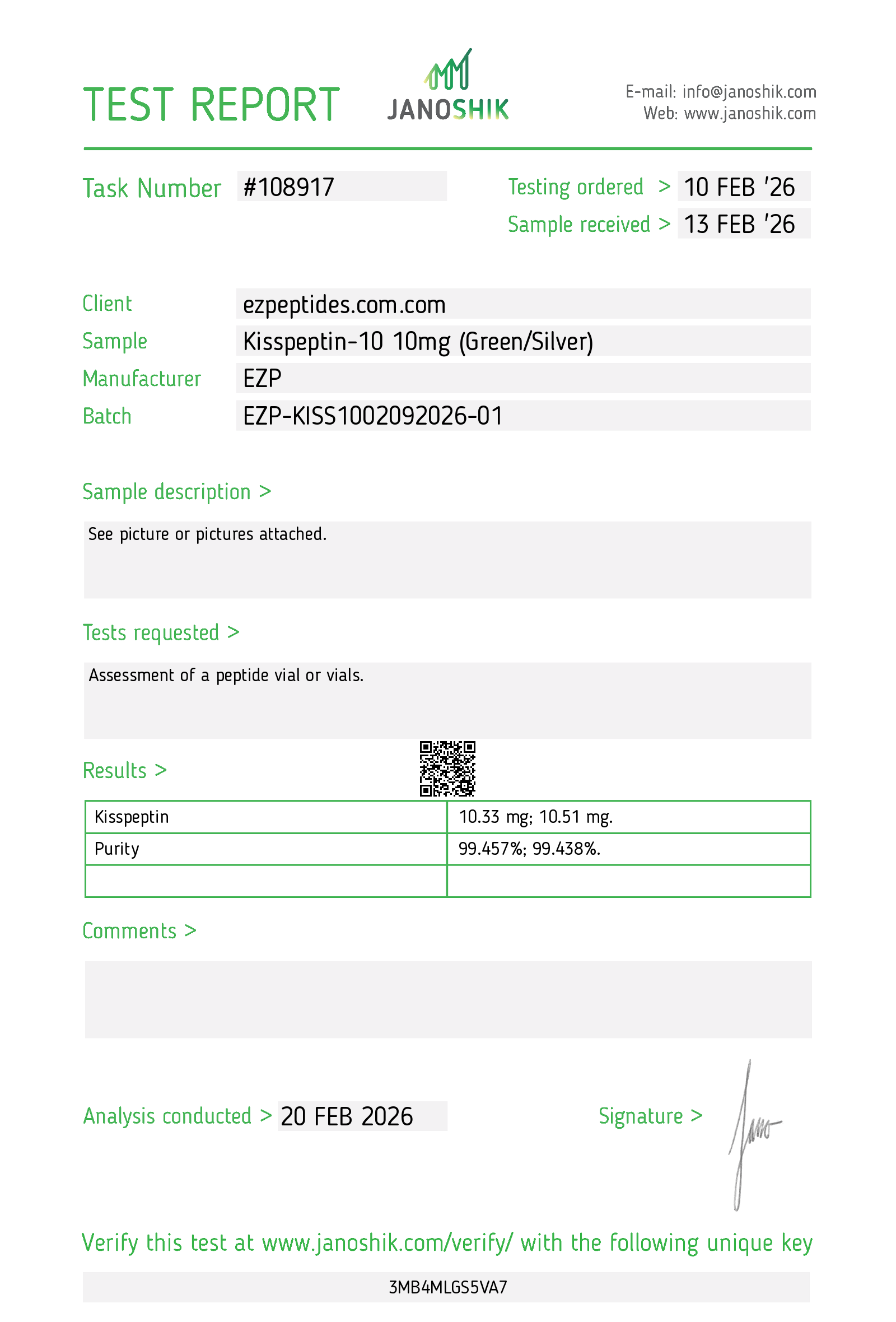 Certificate of Analysis for Kisspeptin 10MG from EZ Peptides