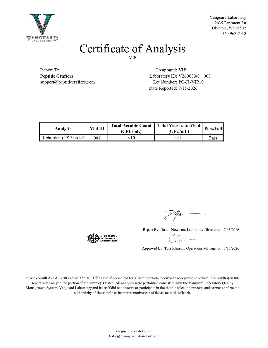 Certificate of Analysis for VIP (10mg) from Peptide Crafters