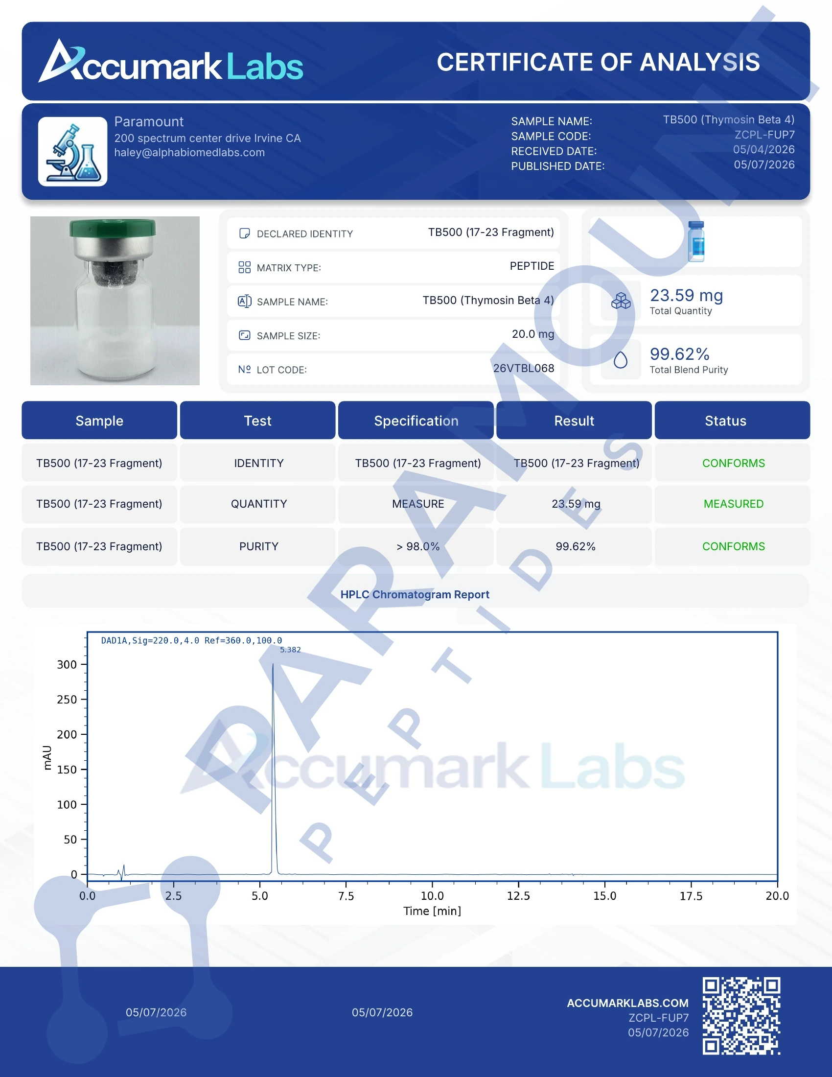 Certificate of Analysis for Thymosin Beta 4 (TB500) (20mg) from Paramount Peptides
