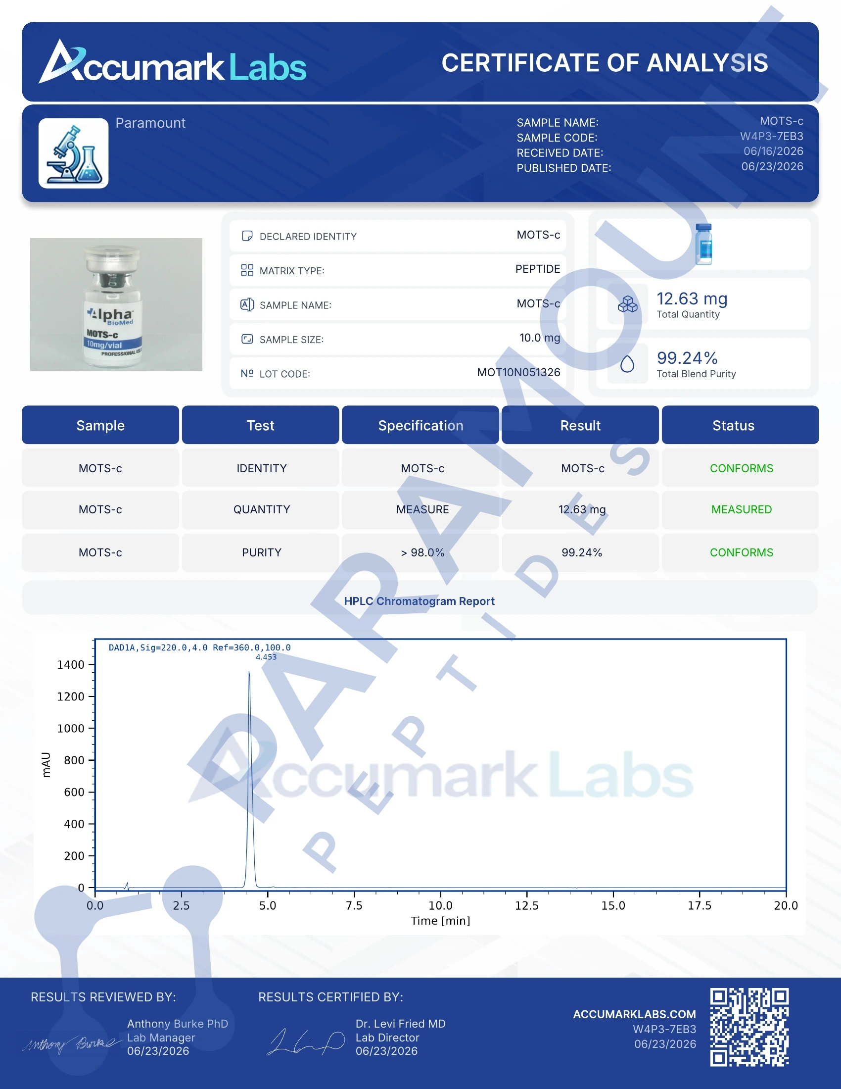 Certificate of Analysis for MOTS-c (10mg) from Paramount Peptides