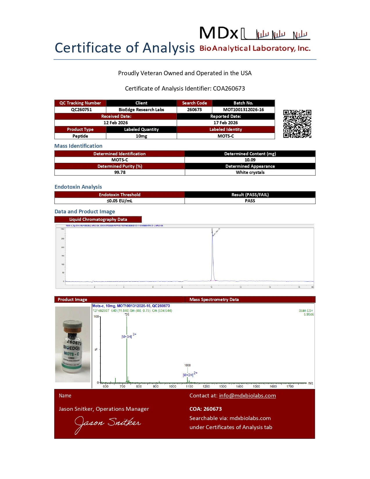 Certificate of Analysis for MOTS-C from BioEdge Research Labs
