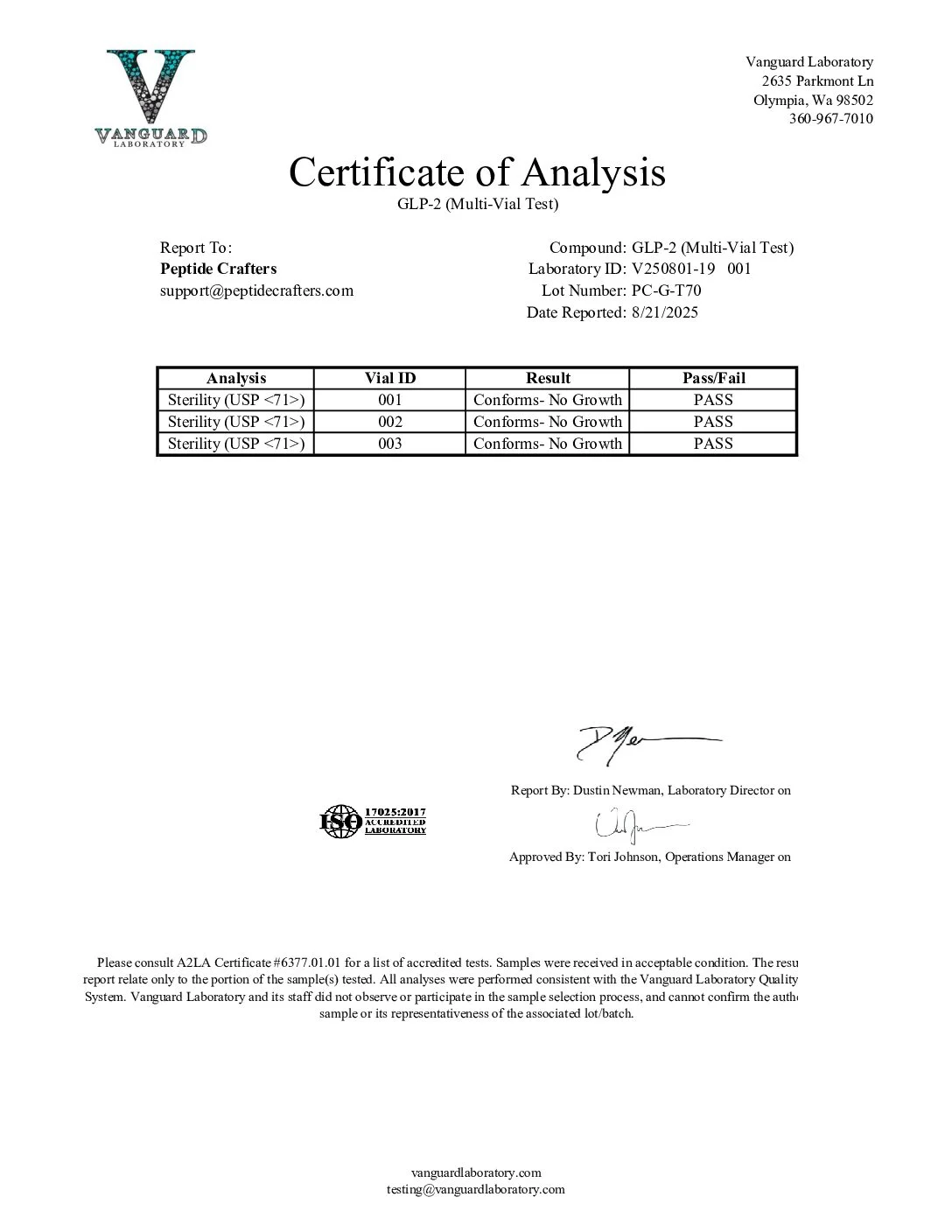 Certificate of Analysis for GLP-2 (T) 70mg - Standard 3mL Capacity Vial from Peptide Crafters