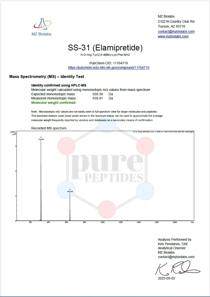 Certificate of Analysis for SS 31 from Pure Peptides Bio