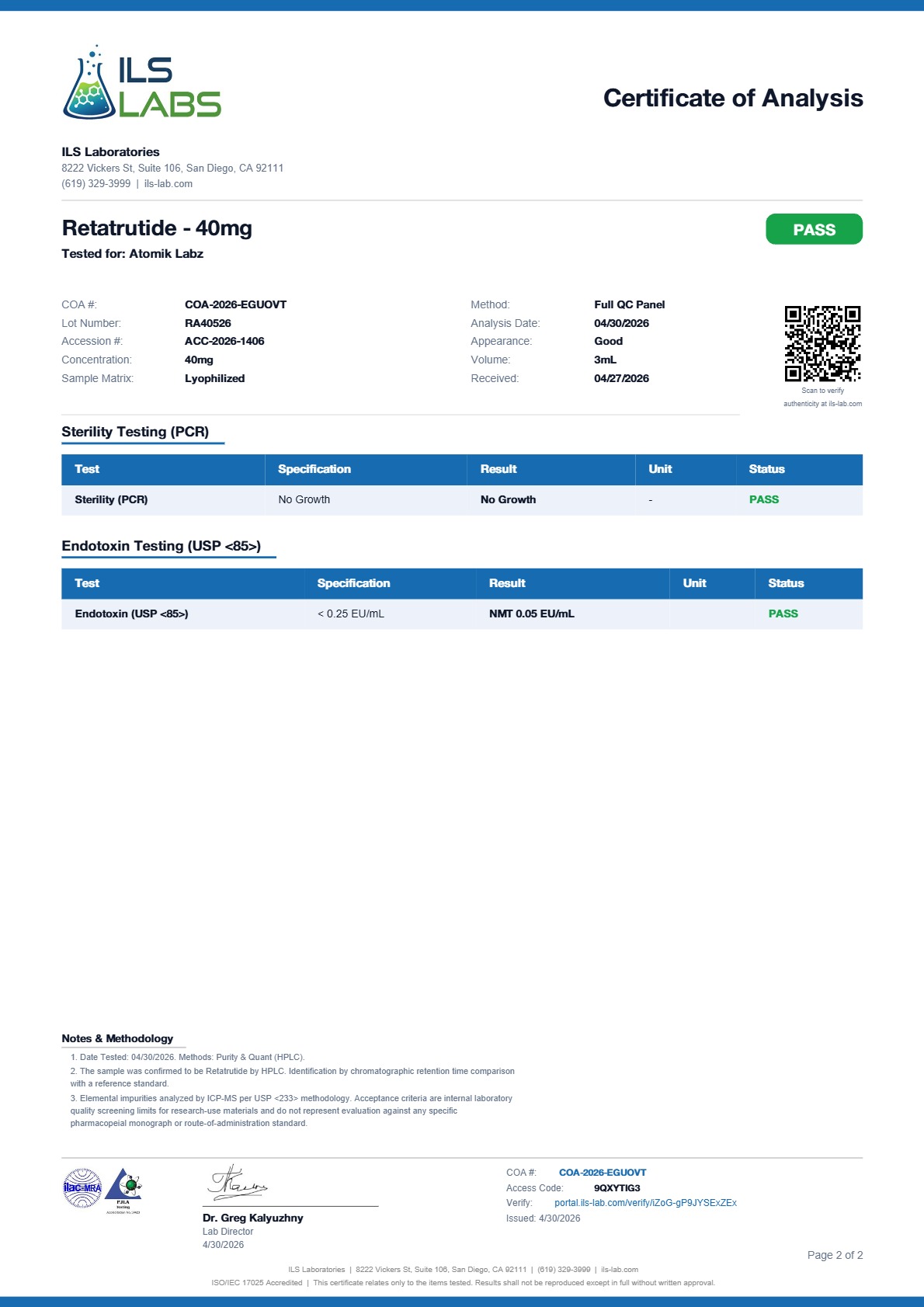 Certificate of Analysis for Retatrutide from Atomik Labz
