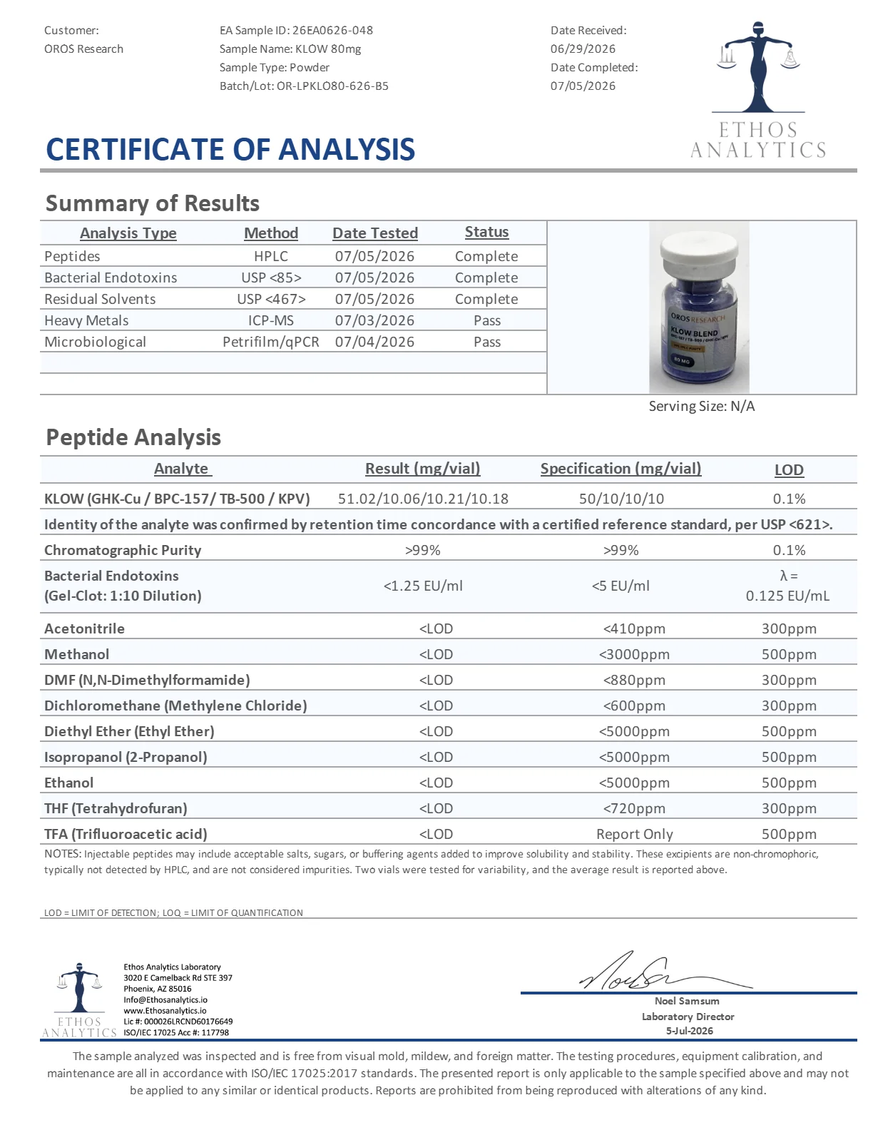 Certificate of Analysis for KLOW from Oros Research