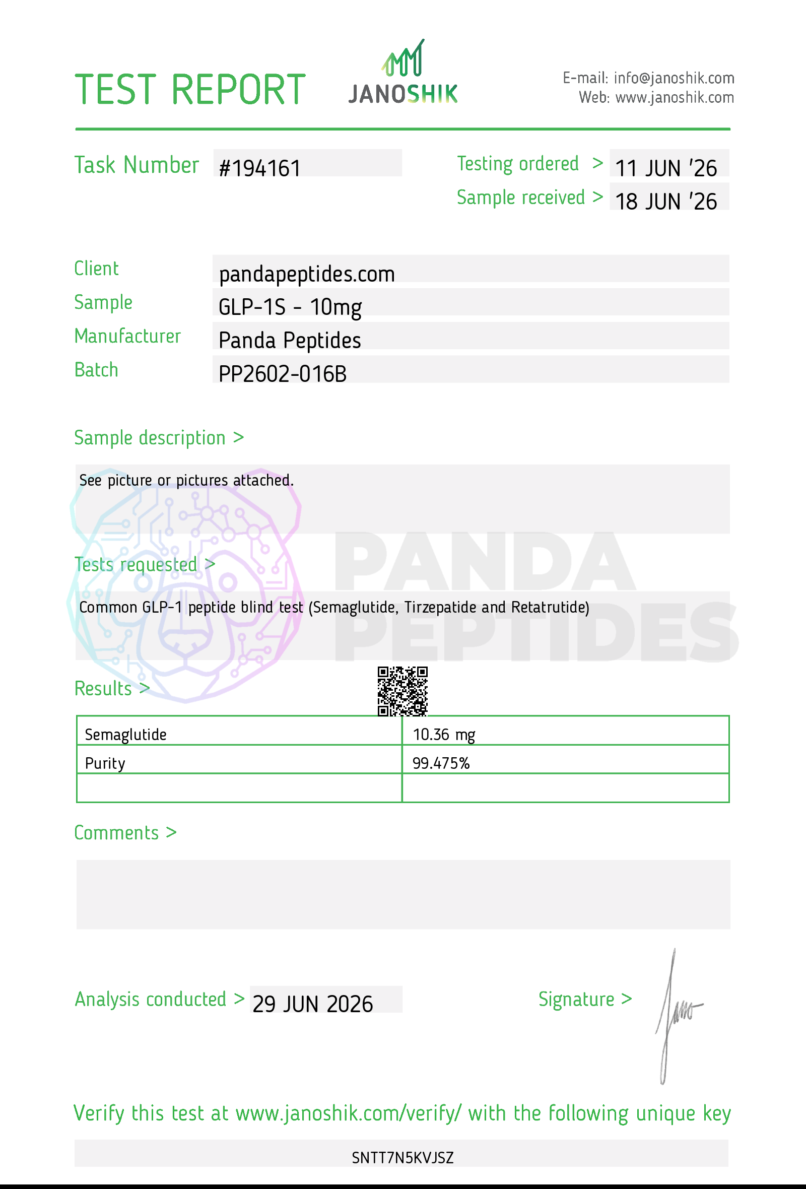 Certificate of Analysis for GLP-1S from Panda Peptides