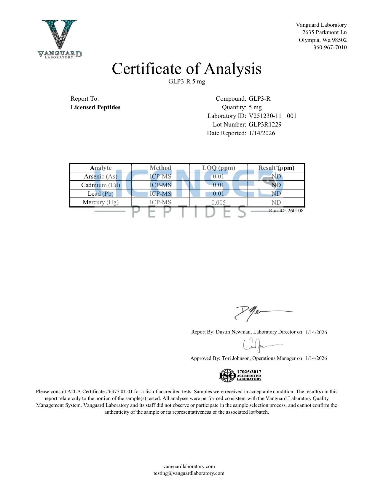 Certificate of Analysis for Retatrutide from Licensed Peptides