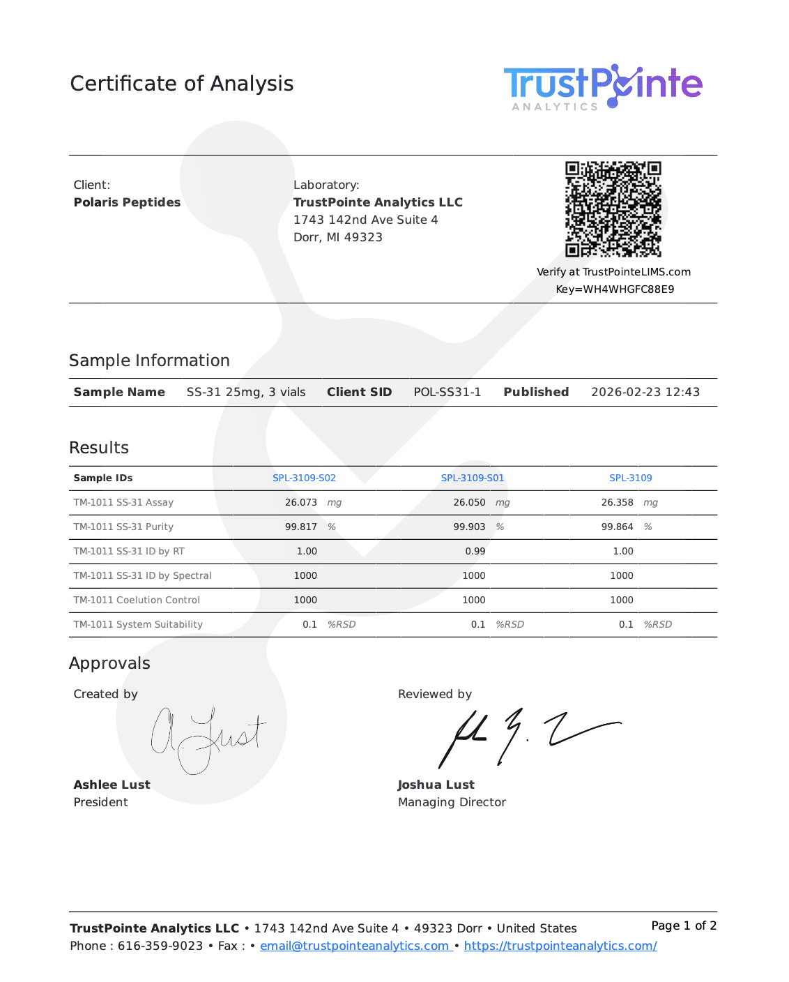 Certificate of Analysis for SS-31 25mg (elamipretide) from Polaris Peptides