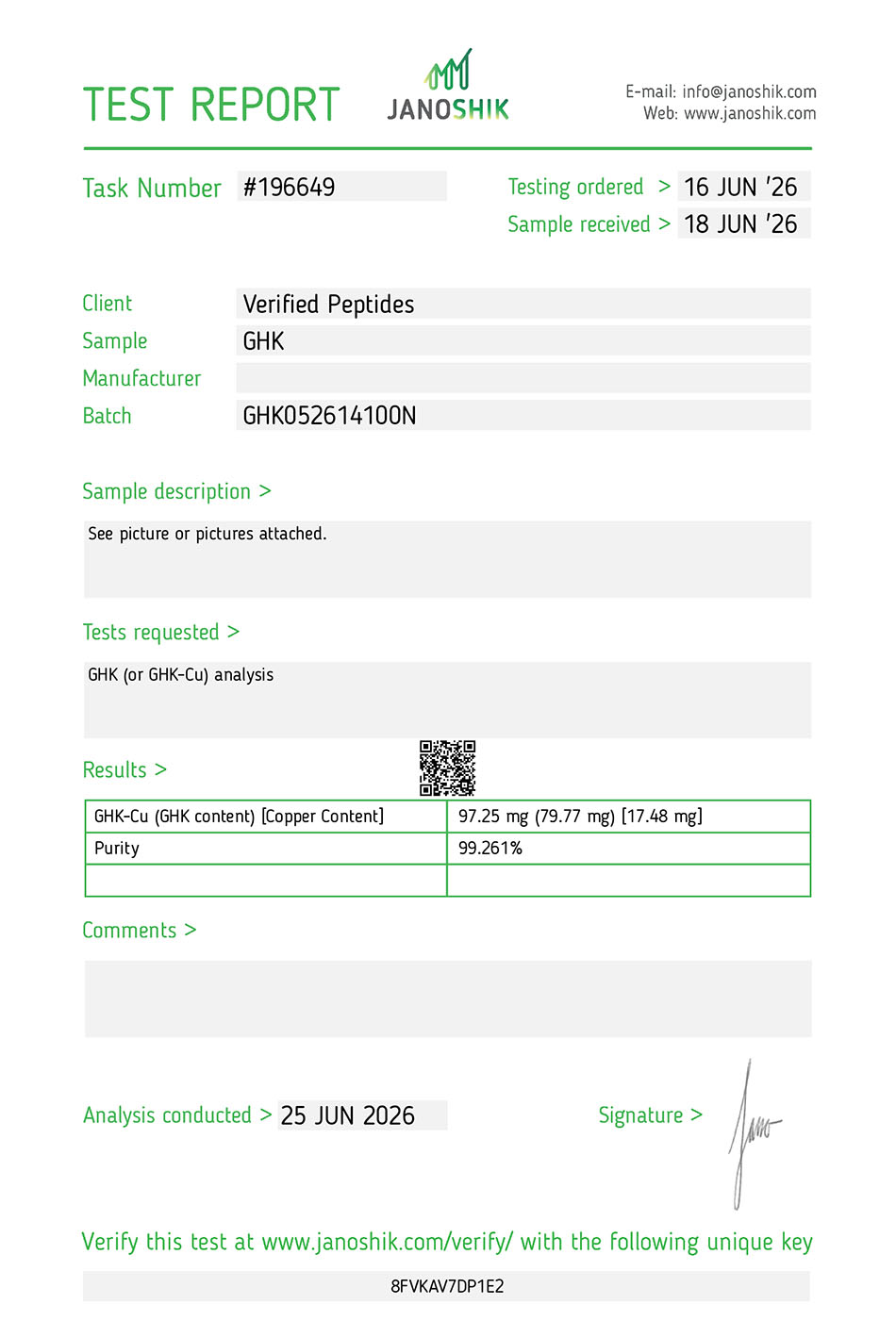 Certificate of Analysis for GHK-Cu Copper Peptide (100MG) from Verified Peptides