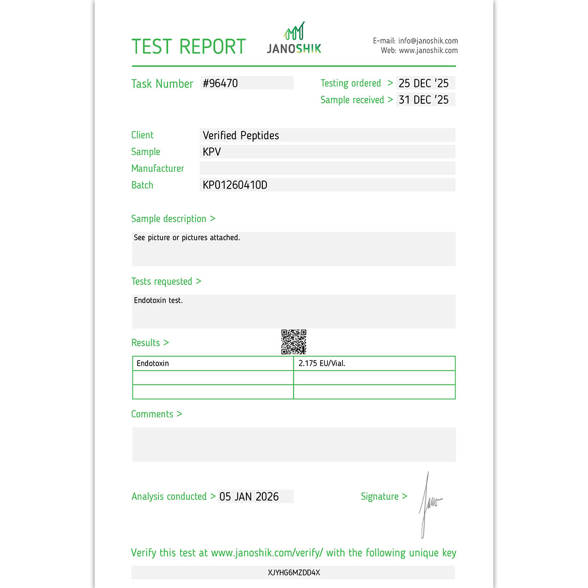 Certificate of Analysis for KPV Peptide (10MG) from Verified Peptides