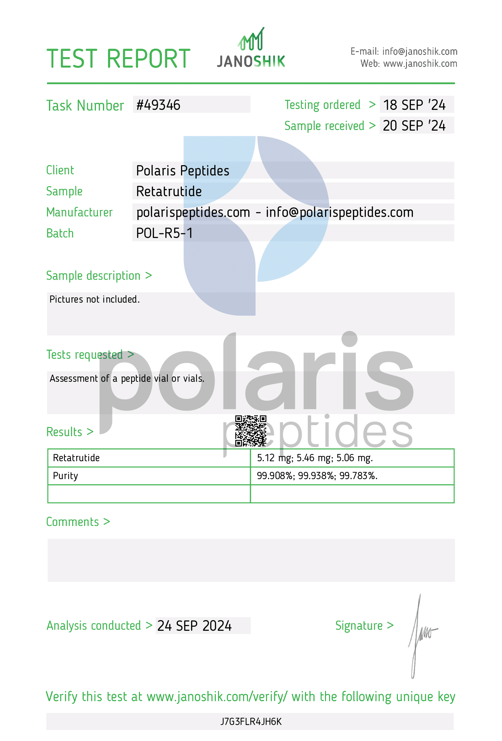 Certificate of Analysis for Retatrutide 5mg from Polaris Peptides