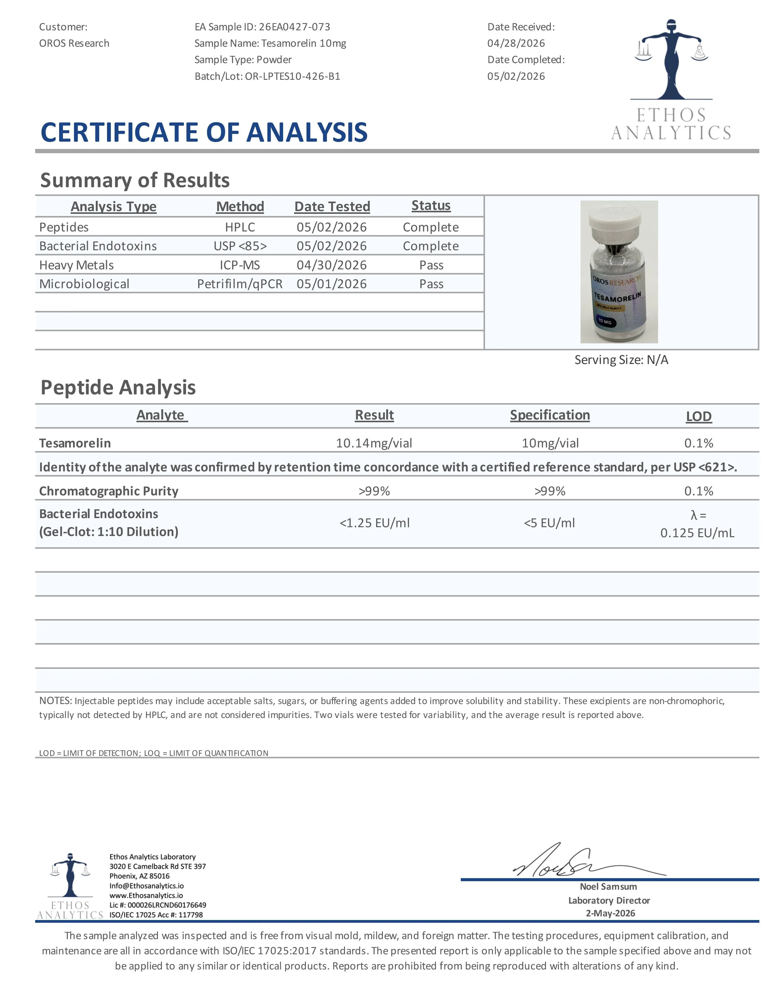Certificate of Analysis for Tesamorelin from Oros Research