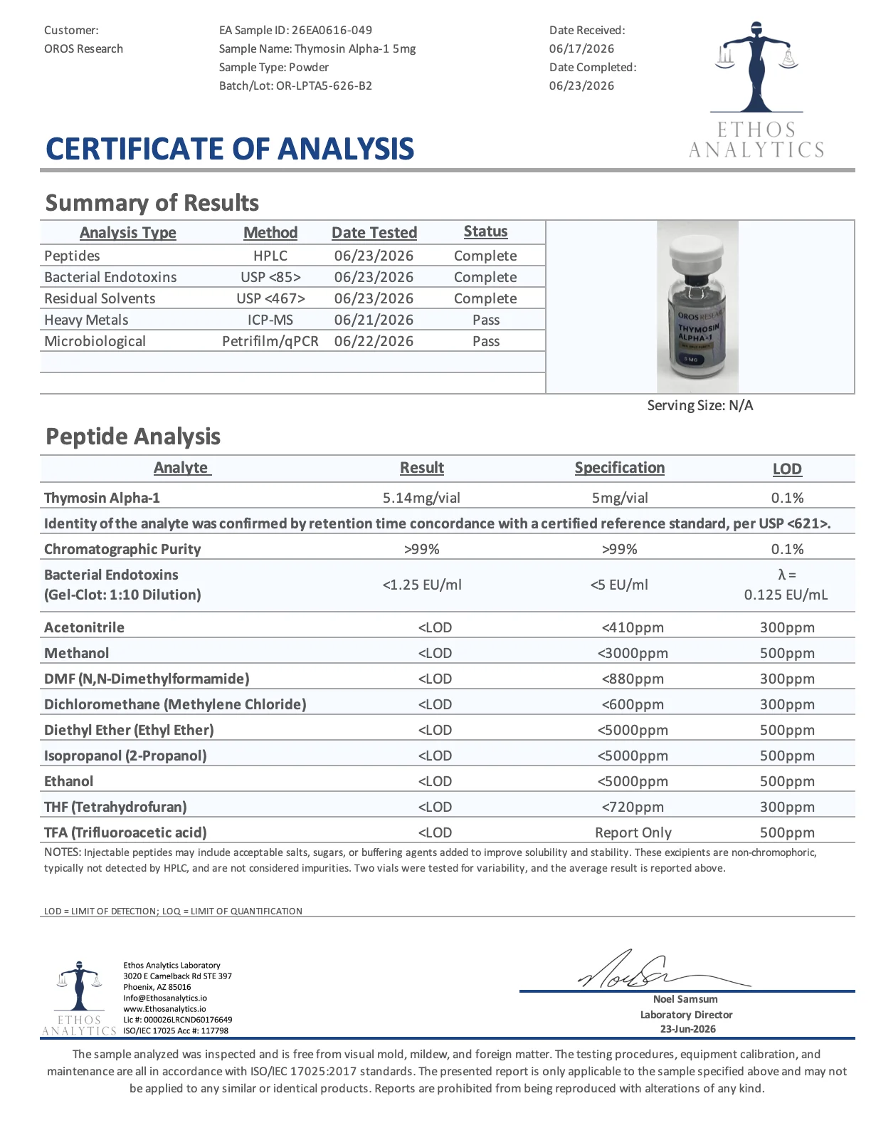 Certificate of Analysis for Thymosin Alpha-1 from Oros Research