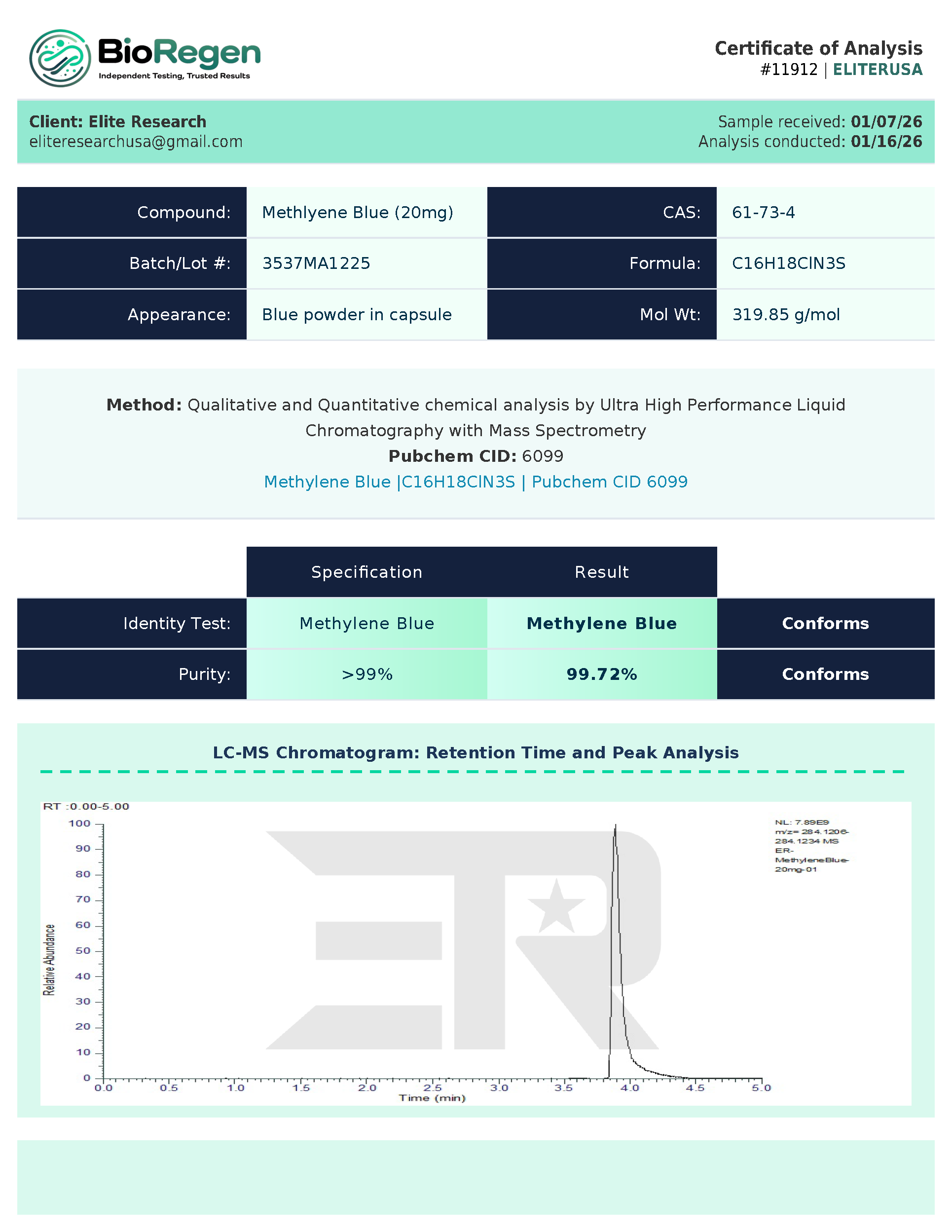 Certificate of Analysis for BioRegen COA from Elite Research USA