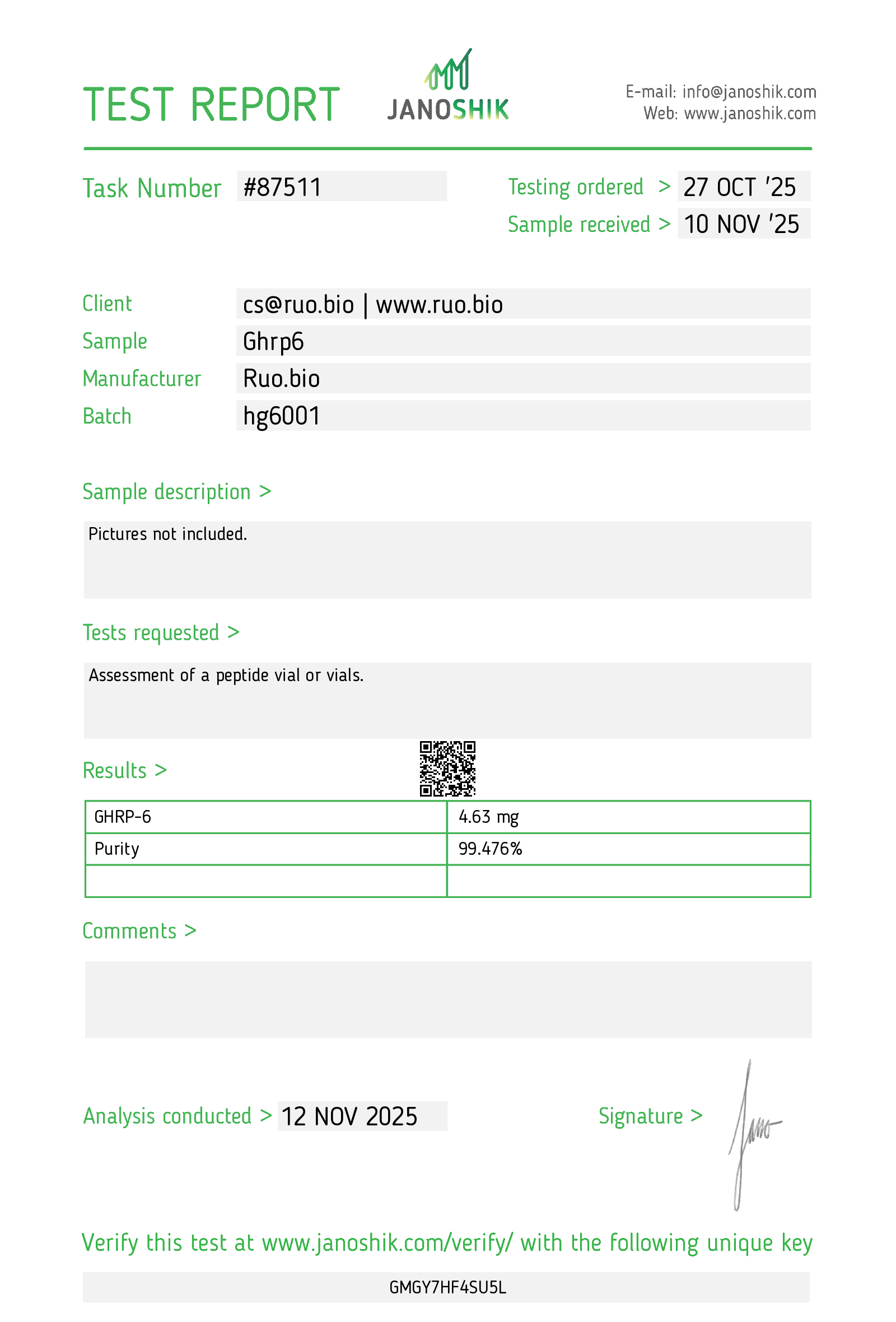 Certificate of Analysis for GHRP-6 5mg from RUO