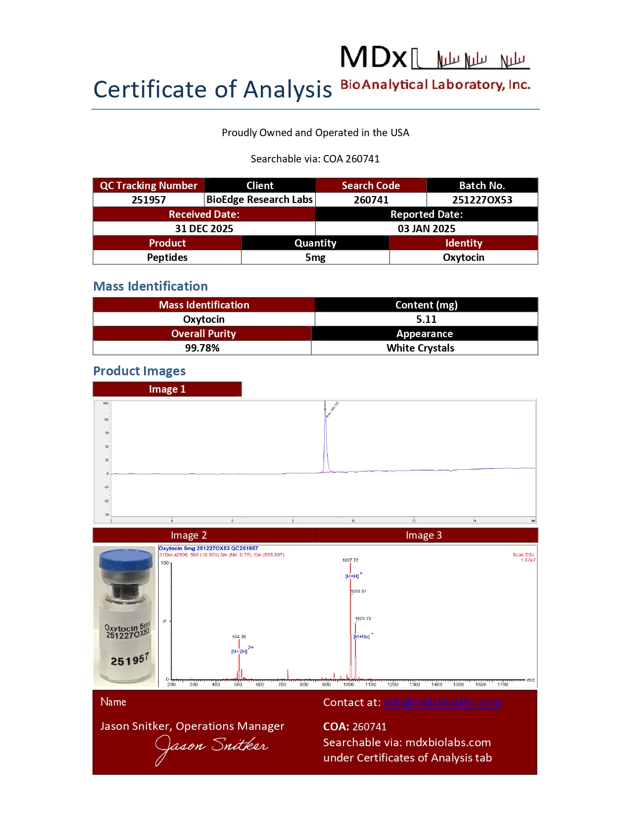 Certificate of Analysis for Oxytocin (10mg) 10mg from BioEdge Research Labs
