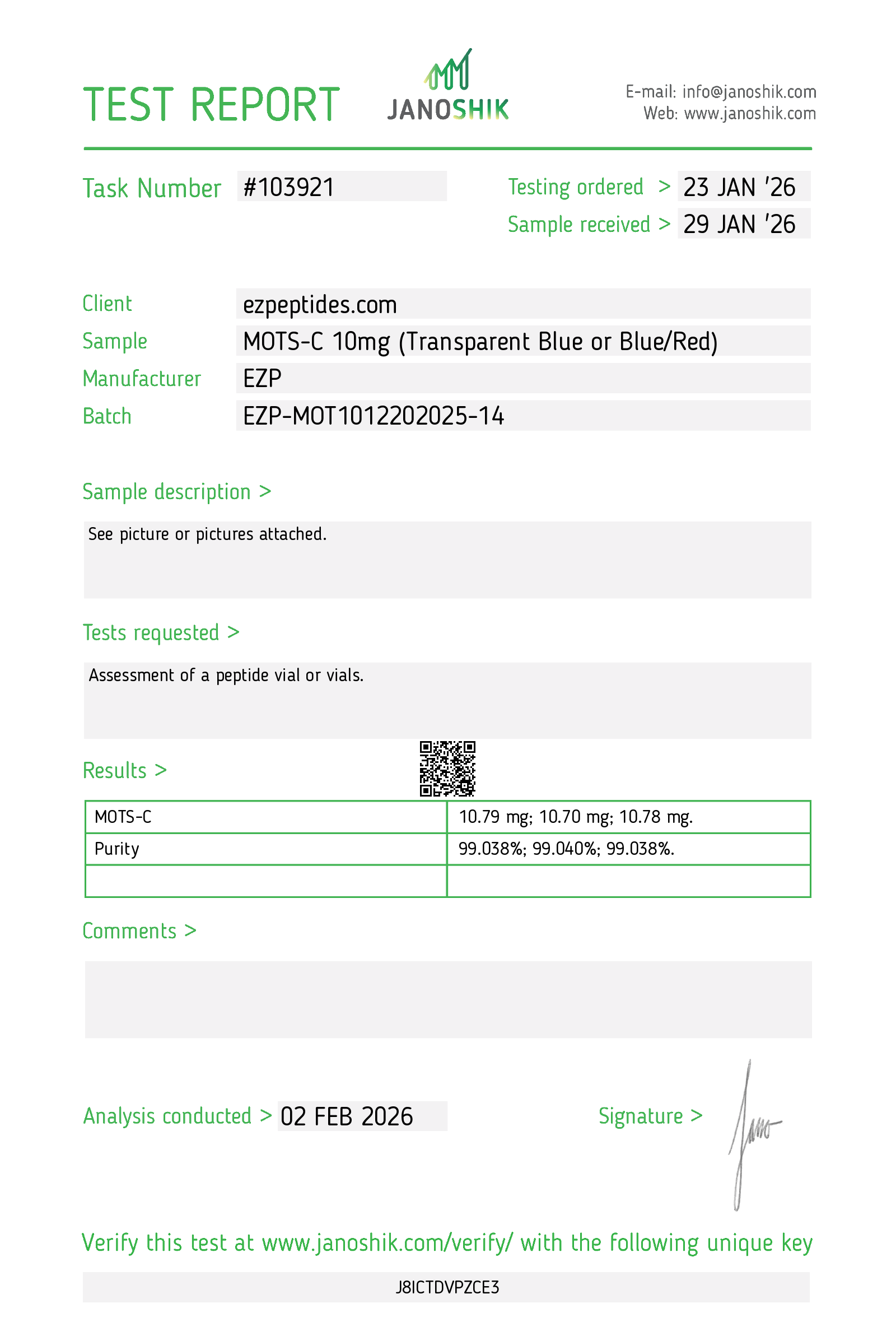 Certificate of Analysis for MOTS-C 10mg from EZ Peptides