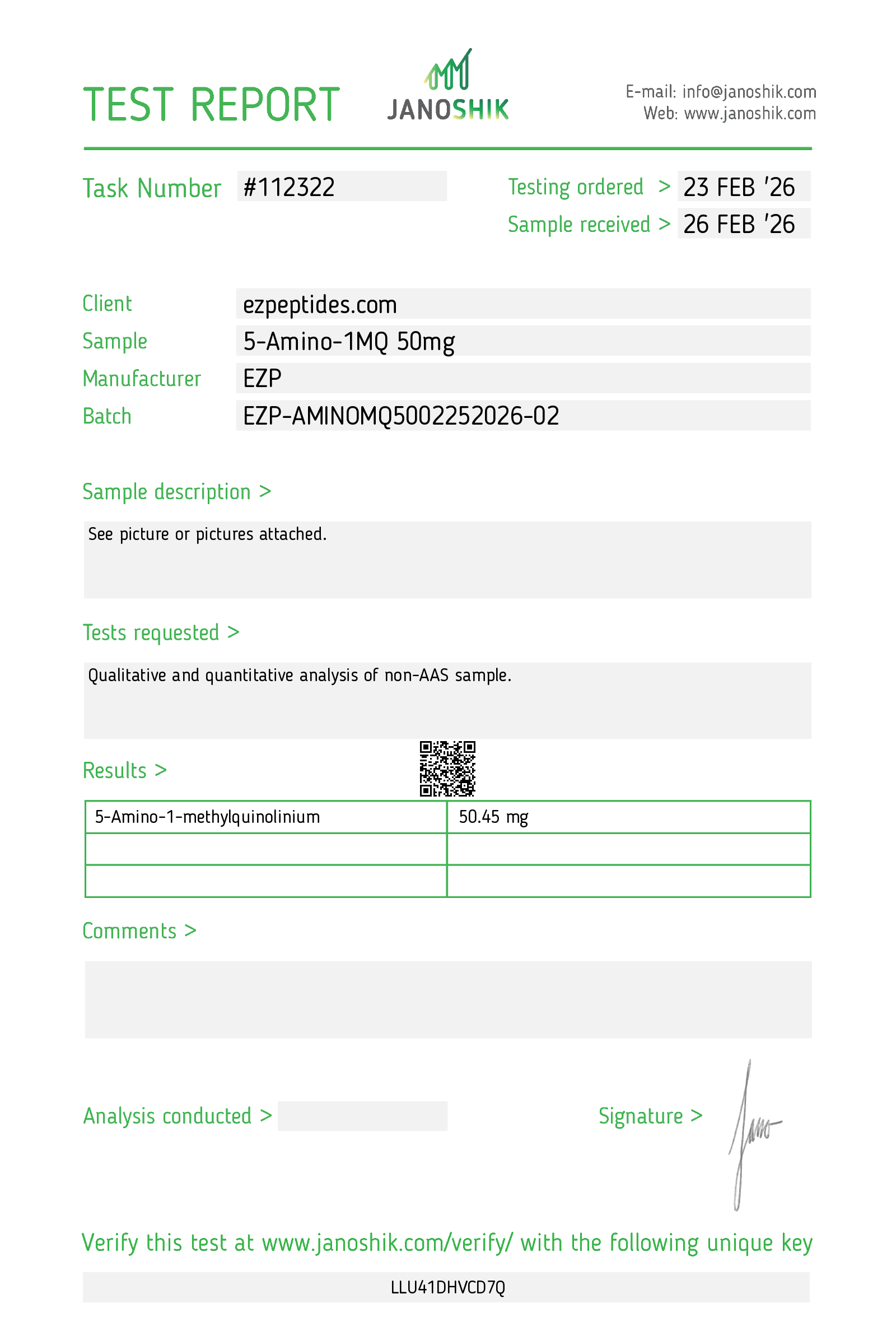 Certificate of Analysis for 5-Amino-1MQ 50mg (25 tabs/bottle) from EZ Peptides