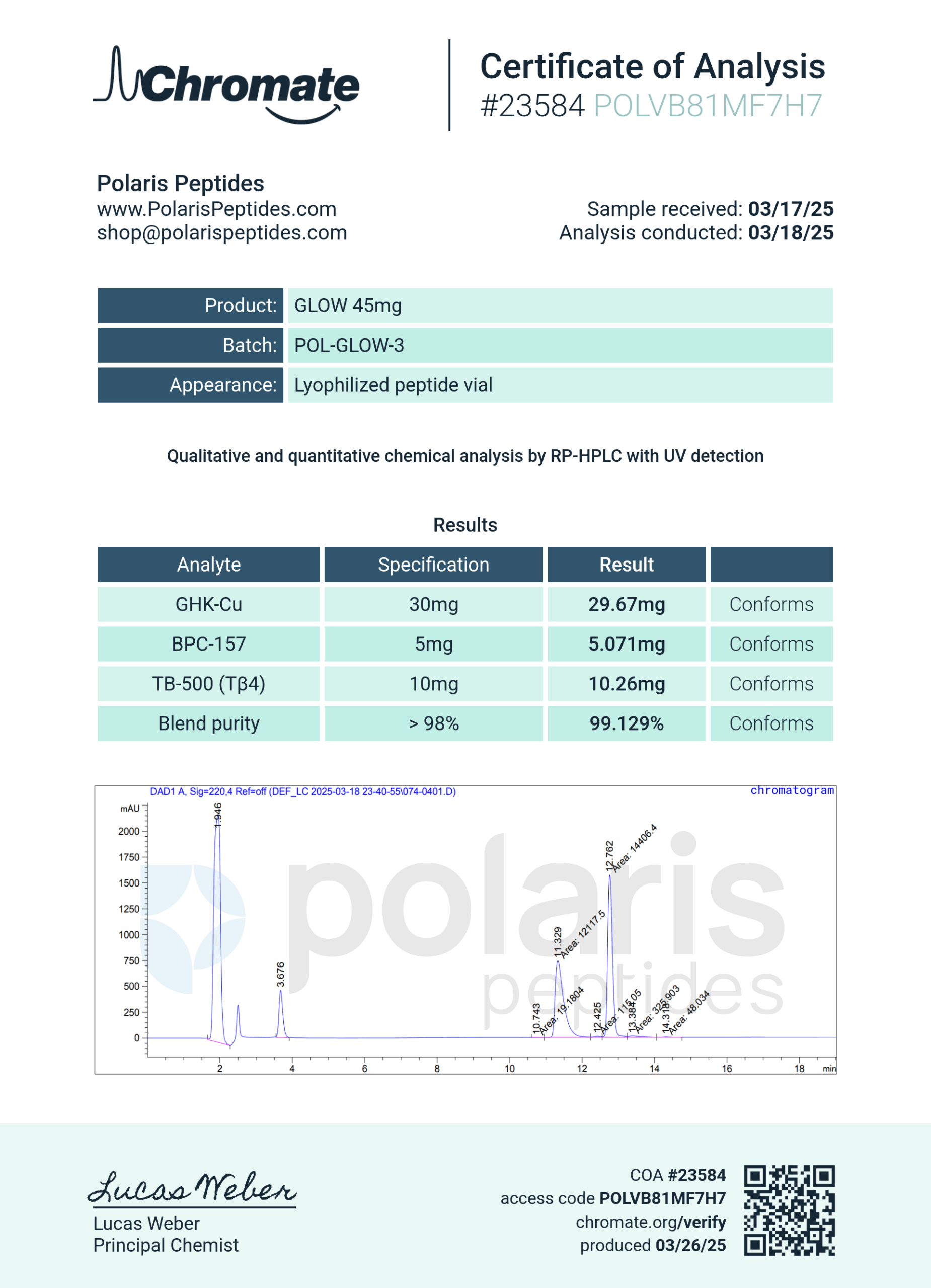 Certificate of Analysis for GLOW 70: GHK-cu 50mg, TB-500 10mg, BPC-157 10mg Blend from Polaris Peptides